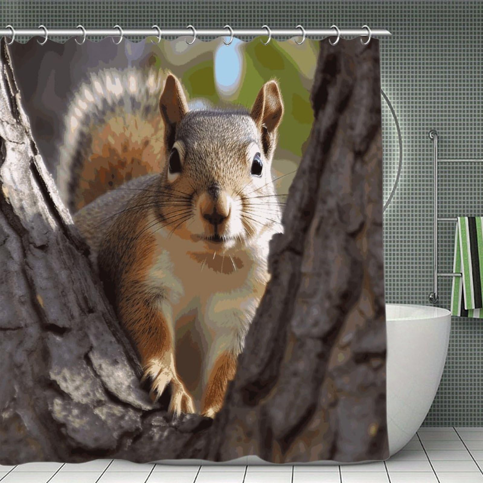 FekiLoot Squirrel in The Tree Shower Curtain Minimalist Thick Bathroom Curtain Washable Modern Bathroom Shower Curtain Heavy Duty Waterproof Cloth Bath Curtain with Hooks 70.8"x70.8"