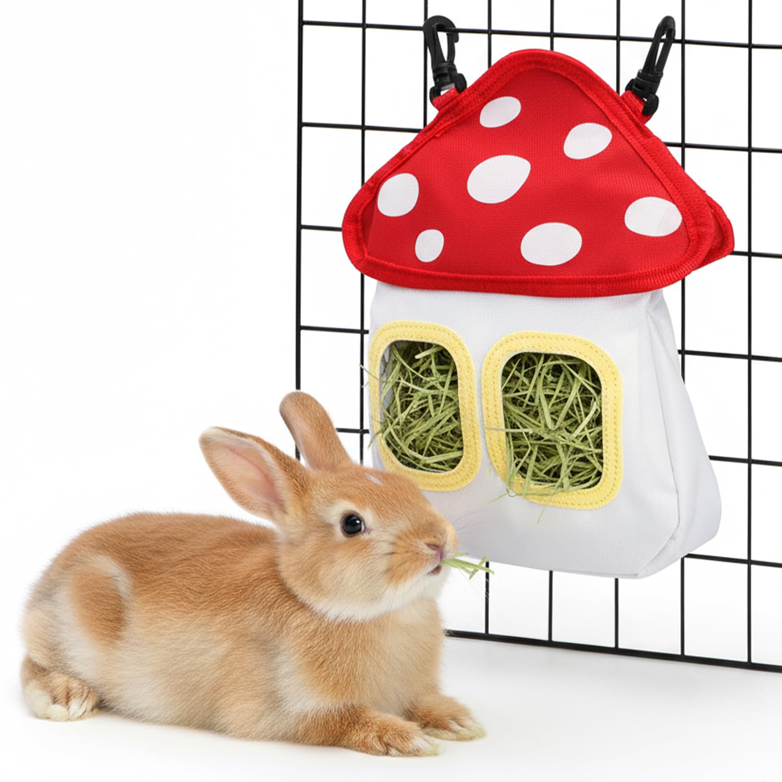 Bunny Hay Feeder Bag, Cute Mushroom Hanging Hay Holder, Durable Hay Dispenser with 600D Oxford Fabric for Guinea Pigs Chinchillas Hamster, Small Animal Cage Accessories