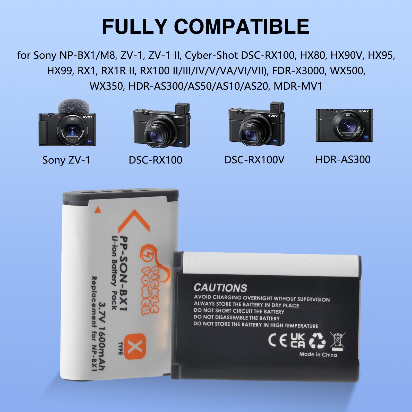 Pickle Power 2 unidades de batería NP-BX1 y cargador de 2 canales. Compatible con Sony NP-BX1, ZV-1, ZV-1 II, Cyber-Shot DSC-RX100, DSC-RX100 VII/VI/V/IV/III/II/VA (M7-M2), HDR-CX405, FDR-X3000, HX300