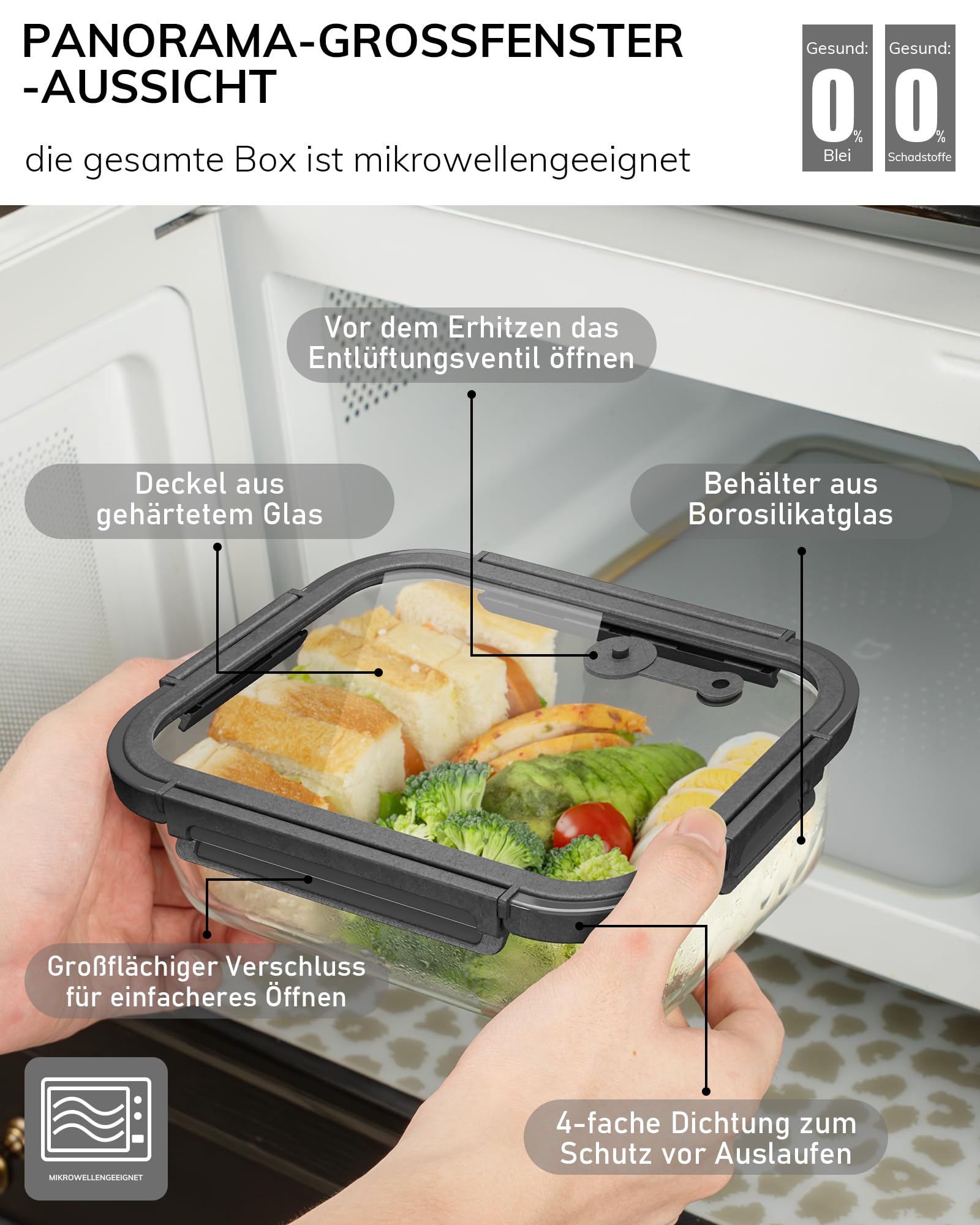 5er-Pack Borosilikatglasbehälter mit gehärtetemDeckel, 1040 ml/ 4,4 Tassen, luftdichtes Mahlzeiten-Vorbereitungs-Set, mikrowellen-/gefriergeeignet/ofen­fest-20℃~510℃, Grau