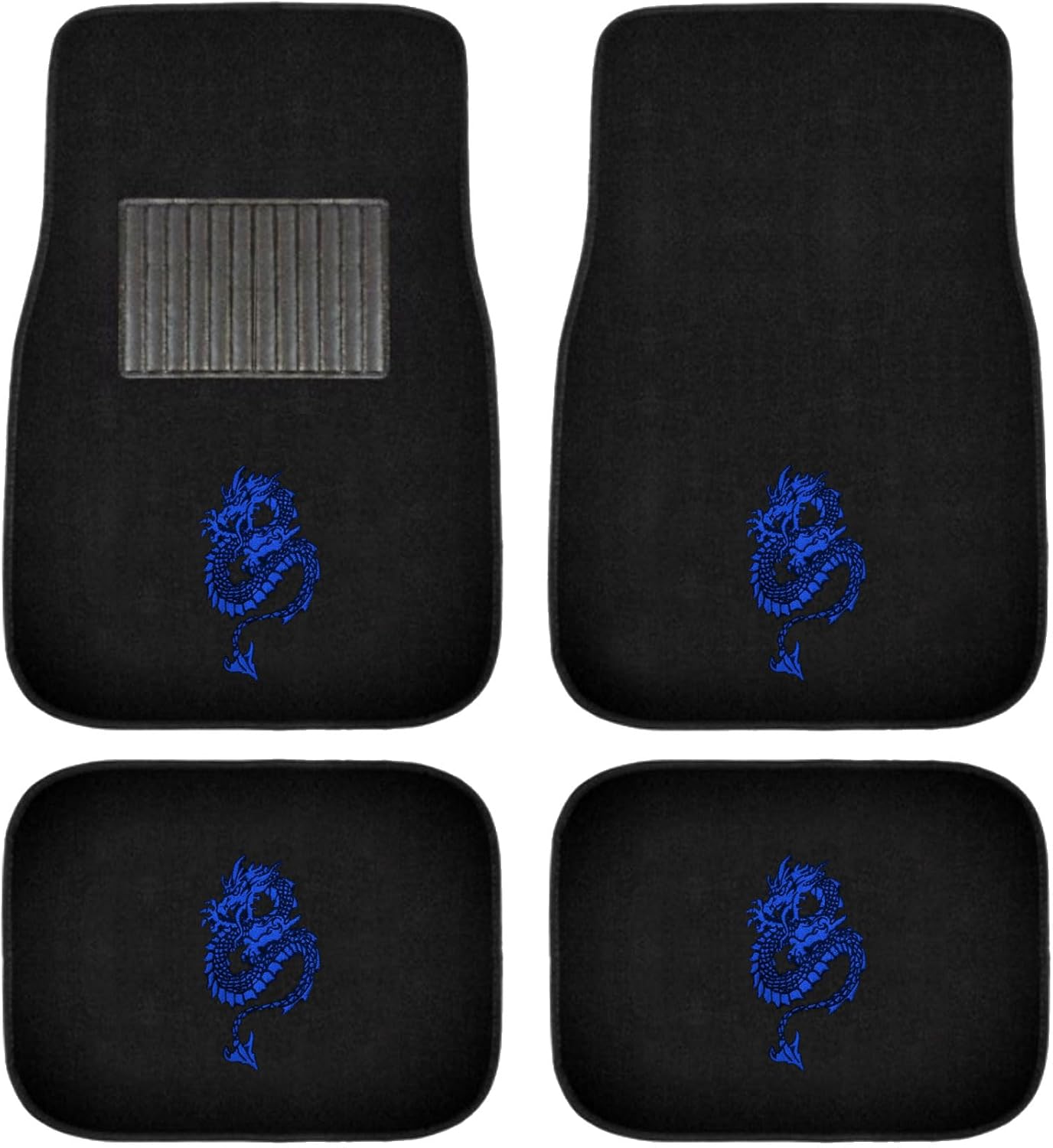A Set of 4 Universal Fit Front and Rear Logo Plush Carpet Floor Mats - Blue Dragon