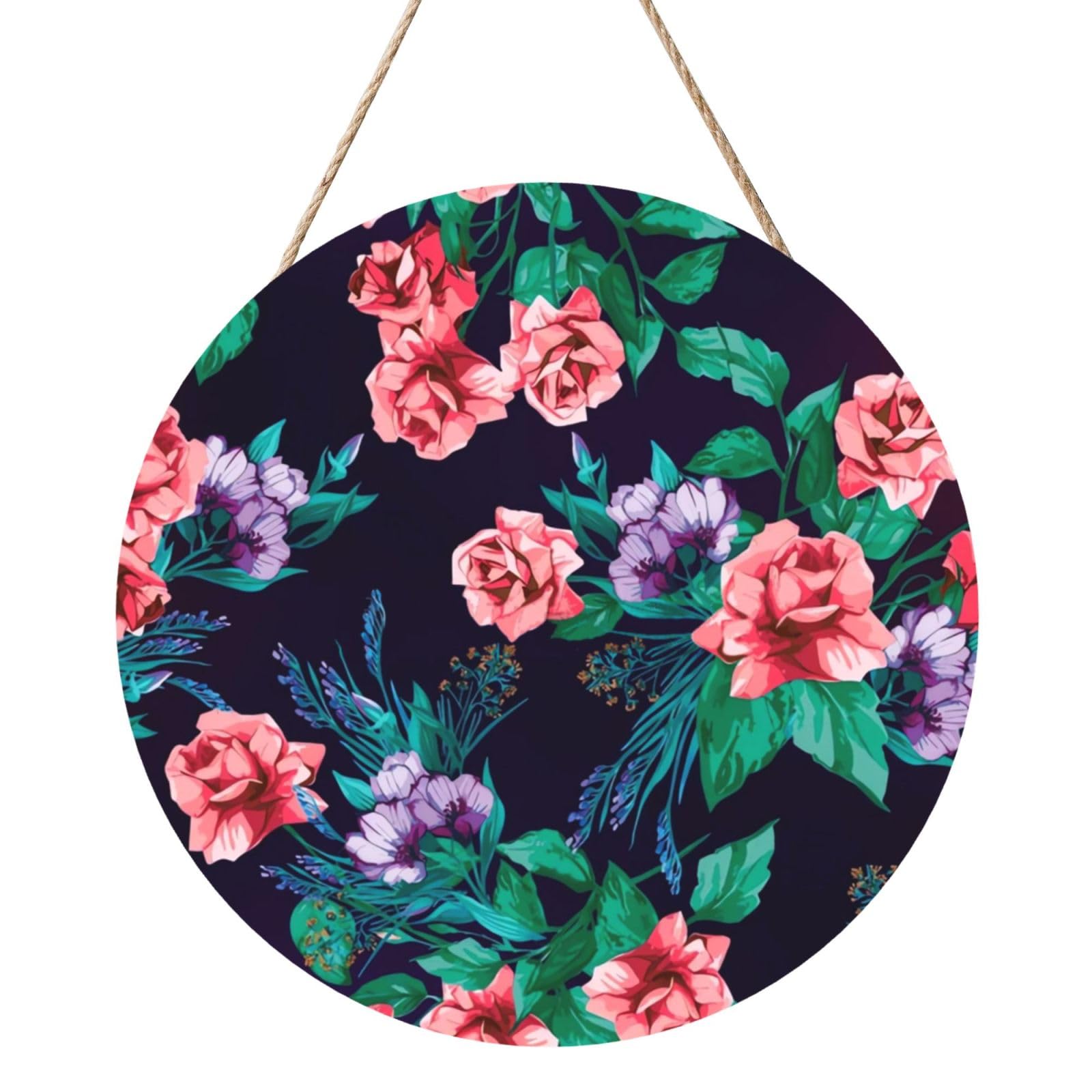 InOmak Bright Flowers On Black, Round Wood Panel Painting 12 in, Wall Hanging Painting For Home
