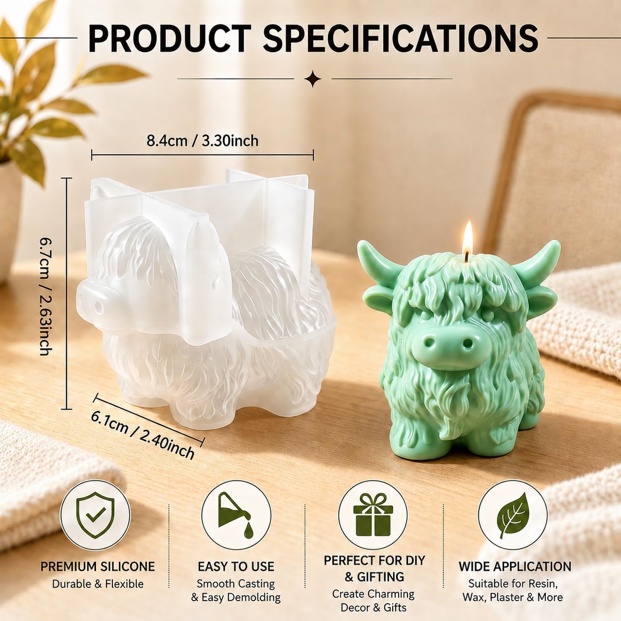Highland Cow Candle Mold, 3D Animal Silicone Mold for Epoxy Resin