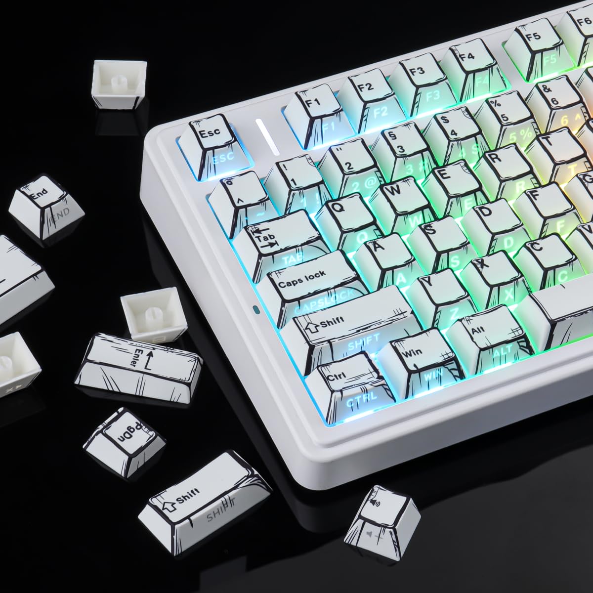 PBT German Keycaps, 128 Keys Manga White Keycap, Retro Style Side Printed Shine Through Dye Sub Keycap for Cherry MX Switch ISO QWERTZ Layout Meccanical Keyboards