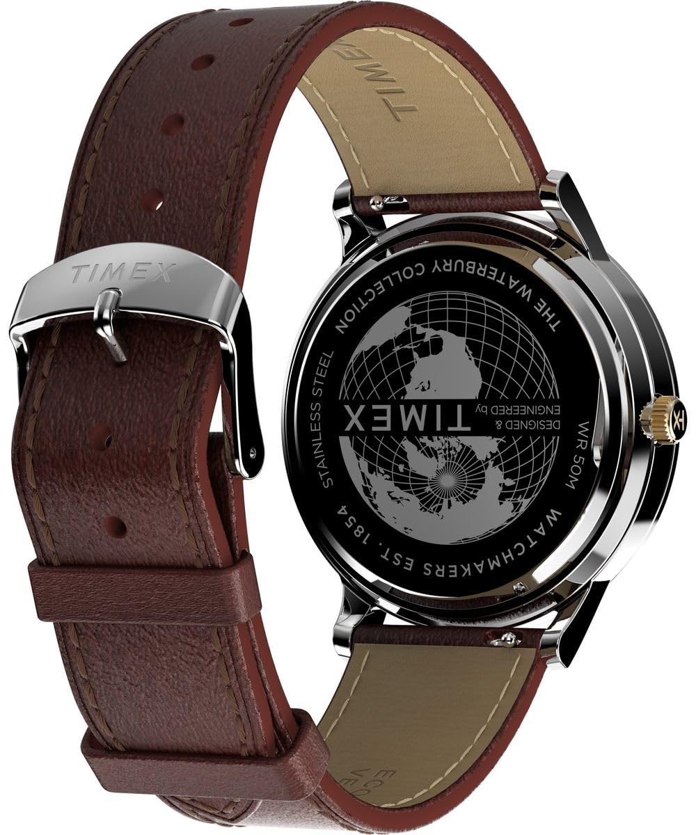 Timex Waterbury Classic Moon Phase Tw2W75600 Zegarek Męski, 40 mm, Brązowy Pasek ze Skóry Wegańskiej, Niebieska Tarcza i Koperta ze Stali Nierdzewnej