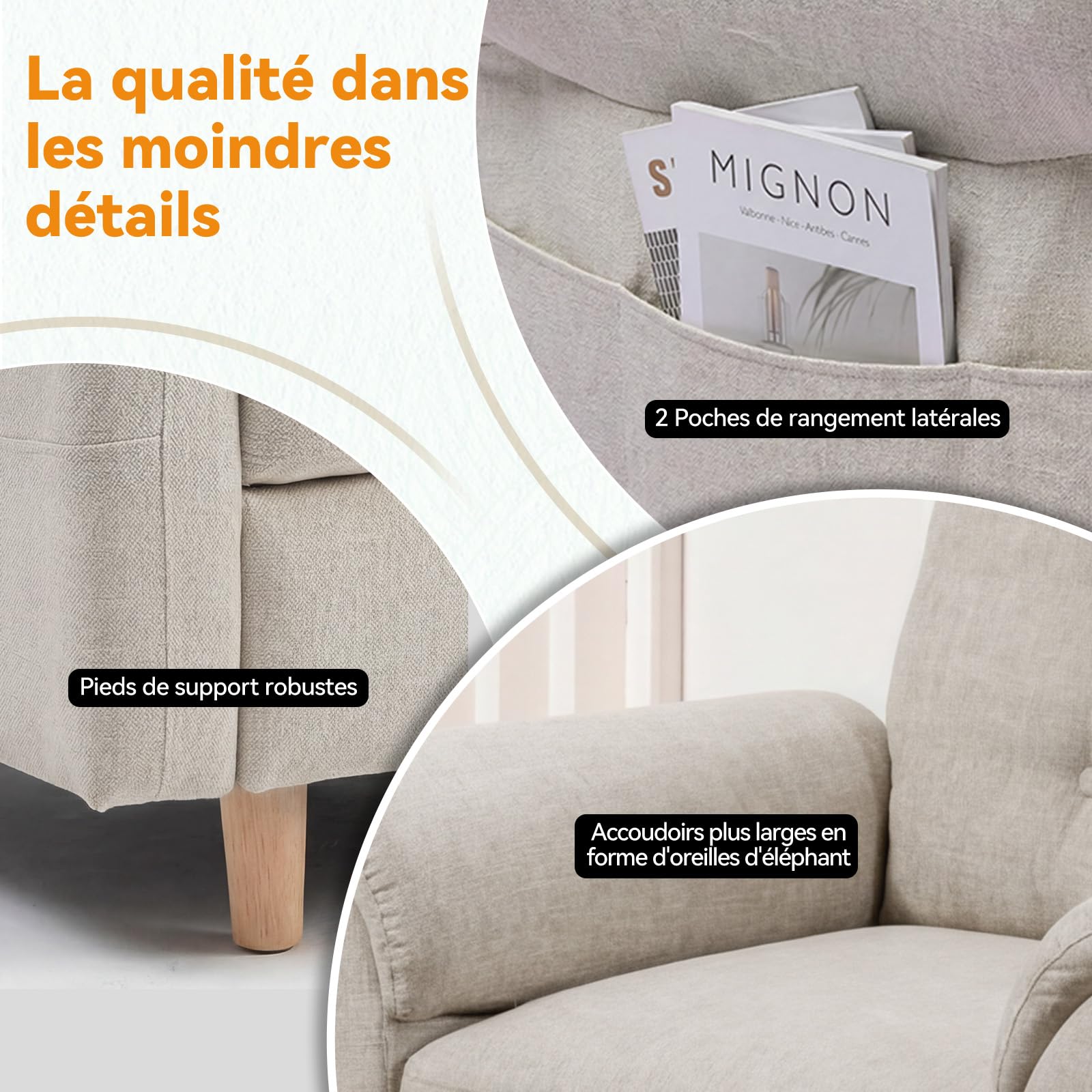COMHOMA Fauteuil de Relaxation, Fauteuil Inclinable avec Tabouret, Dossier 4 Niveaux Réglable, Poche latérale, Fauteuils Rembourré Sac à Ressorts Simple Salon Chambre Cinéma, Chenille, Beige