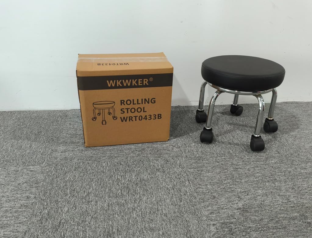 WKWKER Modern Roller Seat PU Leather Low Round Rolling Stool 360° Swivel Small Low Seat with Universal Caster Wheels Foot Stool for Home Office Garage Shop Fitness Sport H：12.4" （Black）