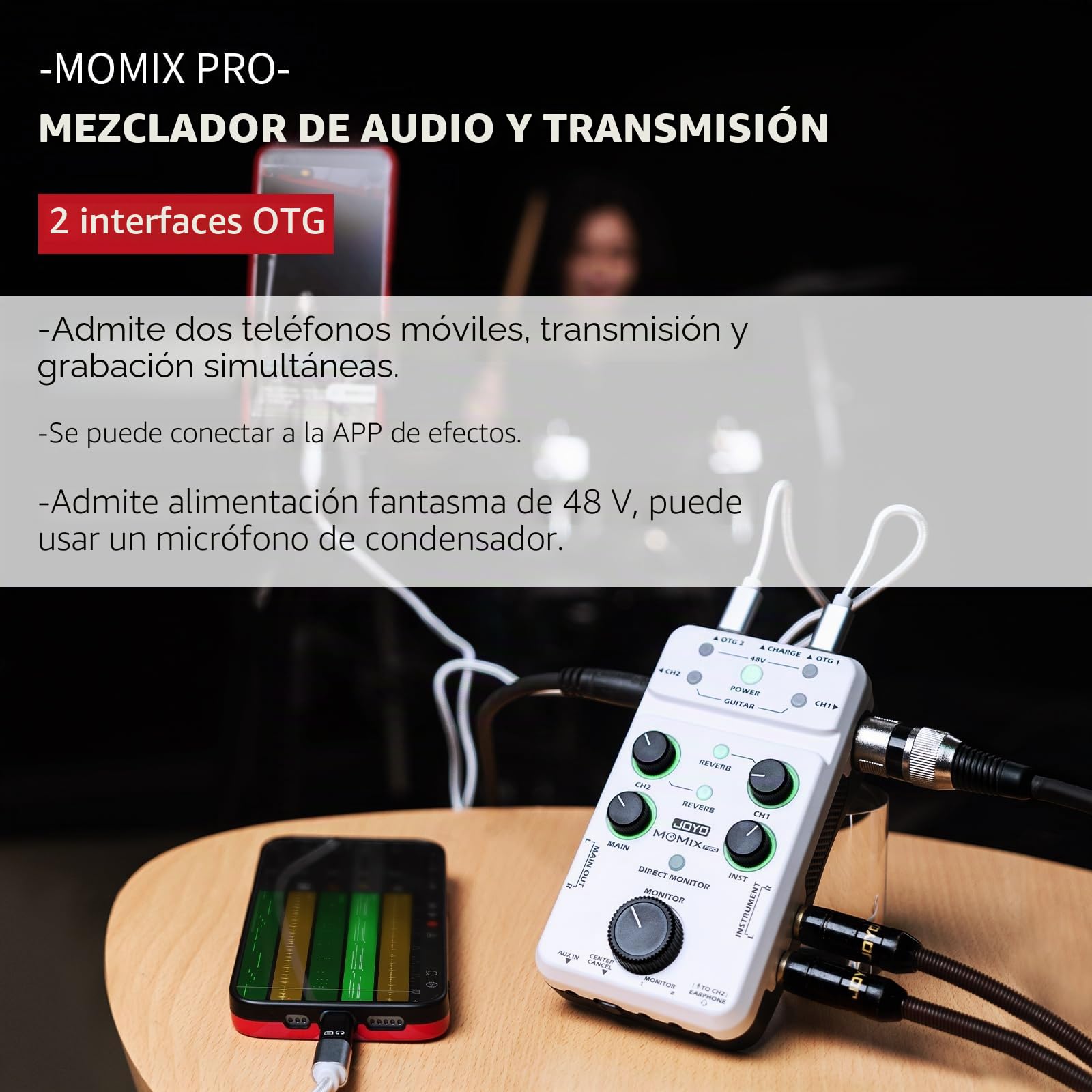 JOYO Mezclador de audio, interfaz de audio USB, estéreo, XLR + alimentación fantasma de 48 V, mezclador para transmisión en vivo, grabación, podcasting, plug & play (MOMI