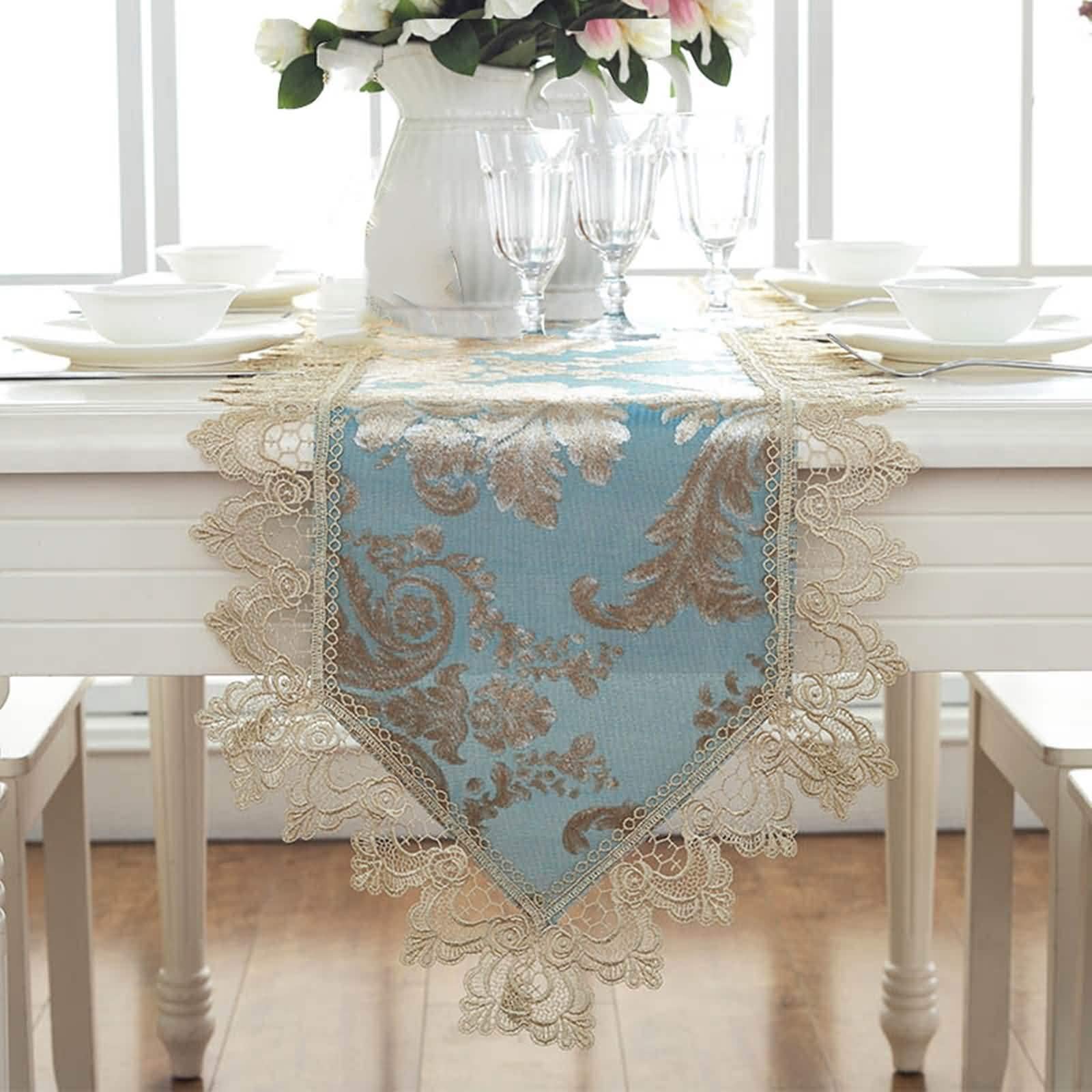 Tischläufer Hochzeit Vintage, Tischläufer Spitze Abwaschbar Pfauenblau 40x280CM Dreieck-Stickmuster Polyester Tischdeko Wohnzimmer Küche