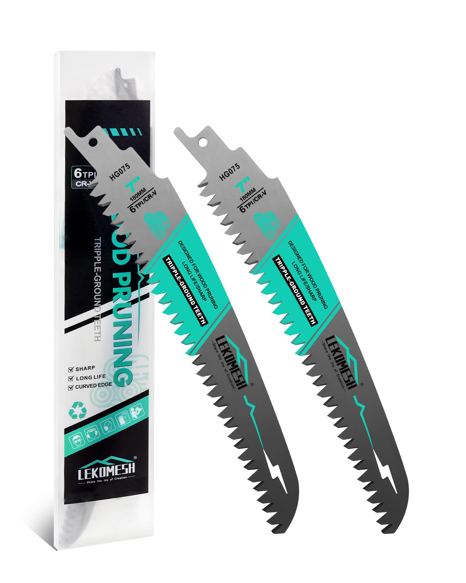 LEKOMESH 180MM Japanese Teeth Reciprocating Saw Blades Wood Pruning - 2pcs Curved Edge 6TPI for Tree Trimming, Wood/PVC Pipe Cutting, Cr-V Sabre Blades Better Wear Resistance — image 1