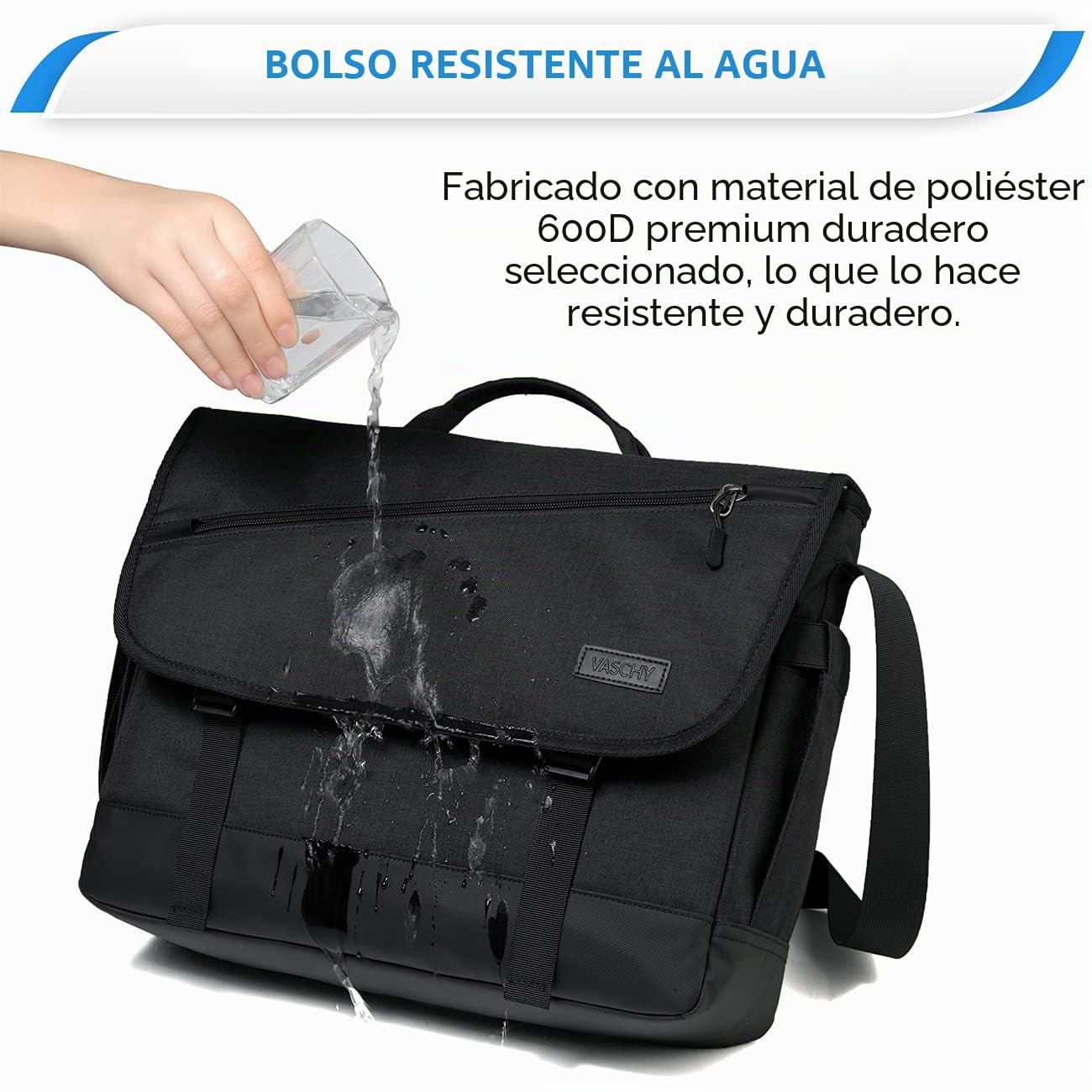 VASCHY Bolso Hombre Bandolera Grande, Bolso Mensajero Hombre Ligero Bolsa Portatil 15,6 Pulgadas Resistente al Agua con Compartimiento Laptop para Trabajo Negocio Viaje, Negro-15,6