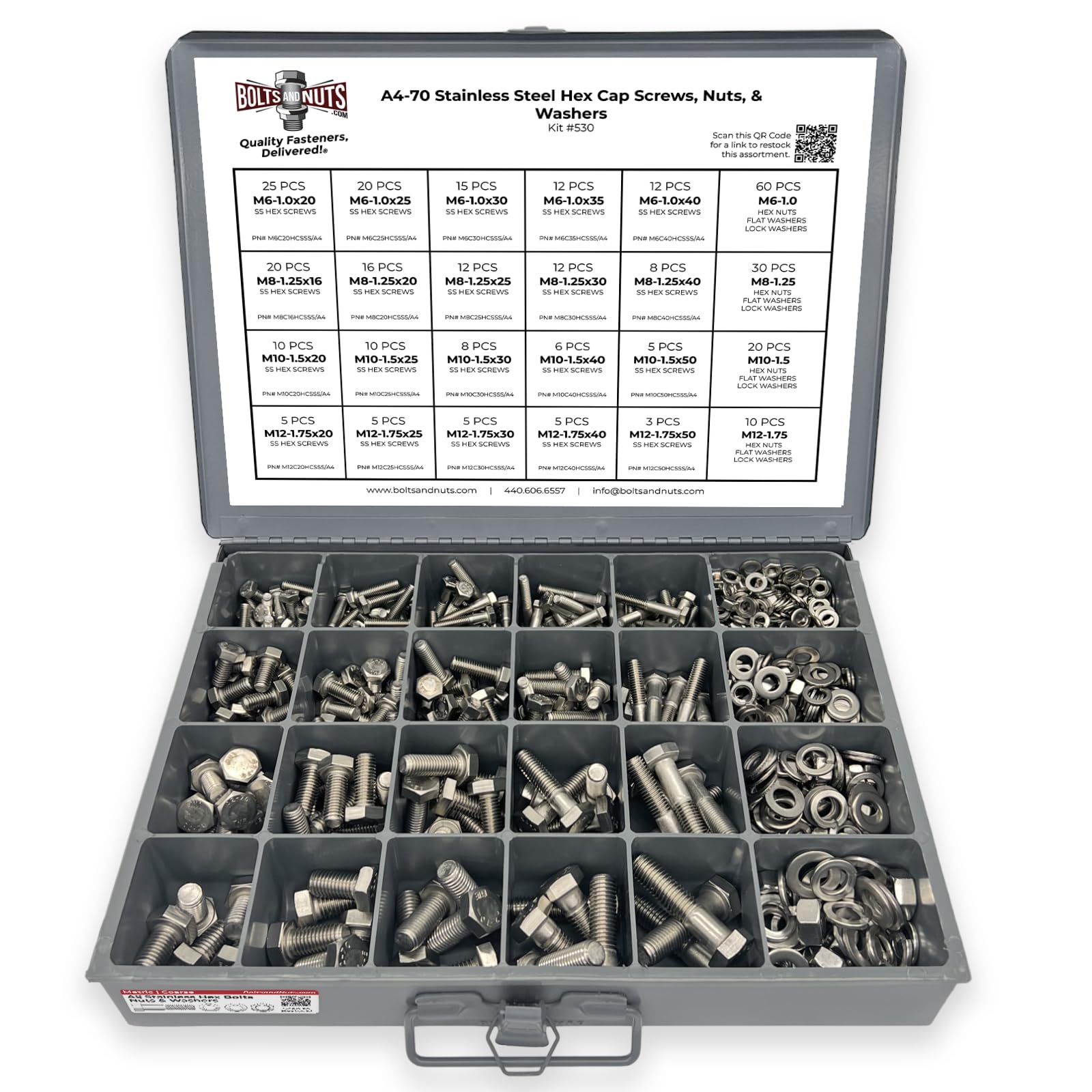 Metric A4-70 Stainless Hex Cap Screws, Nuts, & Washers Assortment - 570+ Pieces