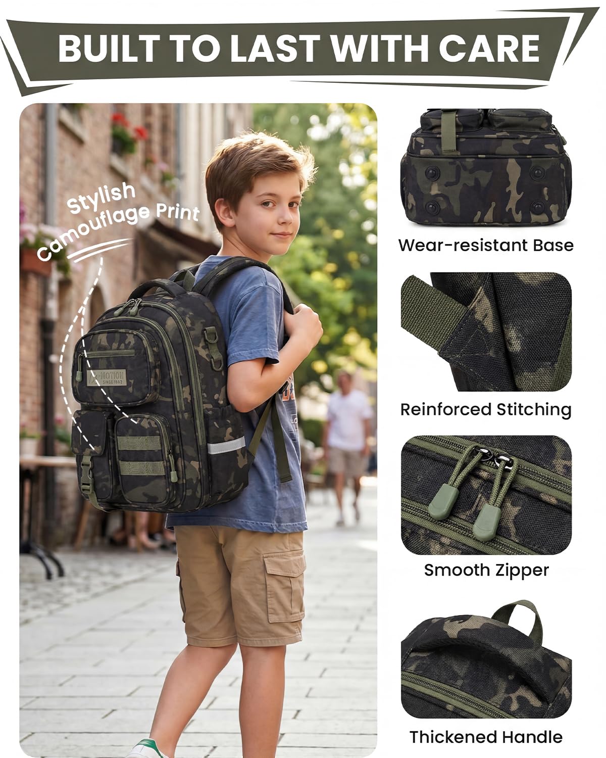 Tanou Schulrucksack Jungen 2-5. Klasse, Ergonomischer Schulranzen | Kinder Rucksack für Grundschule, 20 Liter Wasserabweisend Schultasche für Junge 8-12 Jahre, Camouflage-Schwarz