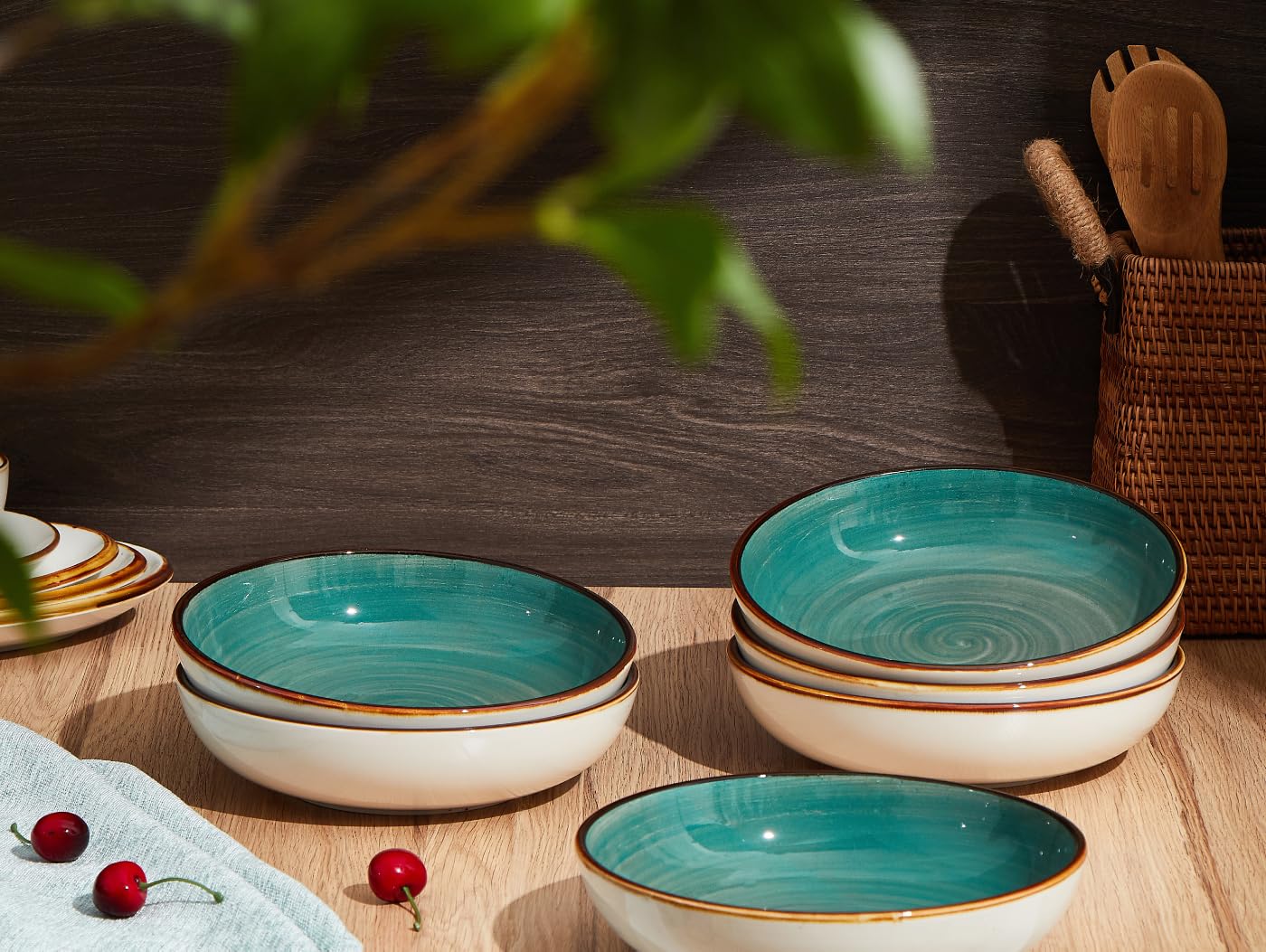 ONEMORE Juego de 6 cuencos de porcelana para ensalada y pasta de 30 onzas, cuencos de cerámica para ensalada, cuencos anchos y poco profundos para sopa, postre, pizza, vajilla de cocina apta para