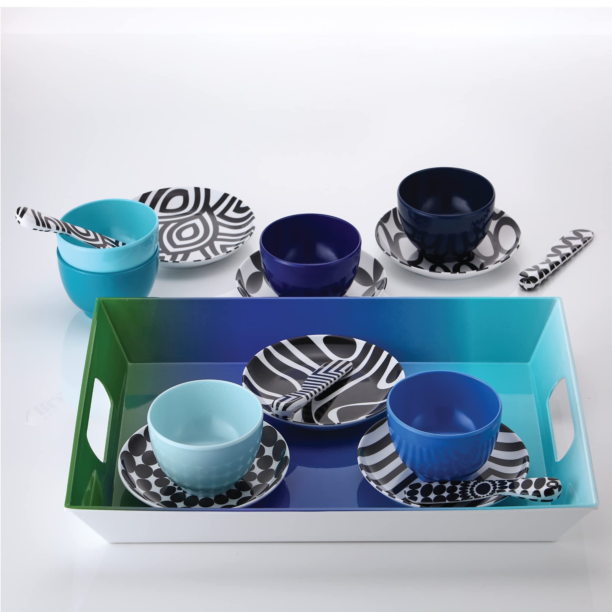 French Bull Mini cuencos de melamina para aperitivos, guarniciones, postres, salsas o helados, juego surtido colorido de 6 a 10 onzas, cuencos de 4 pulgadas, tonos de azul