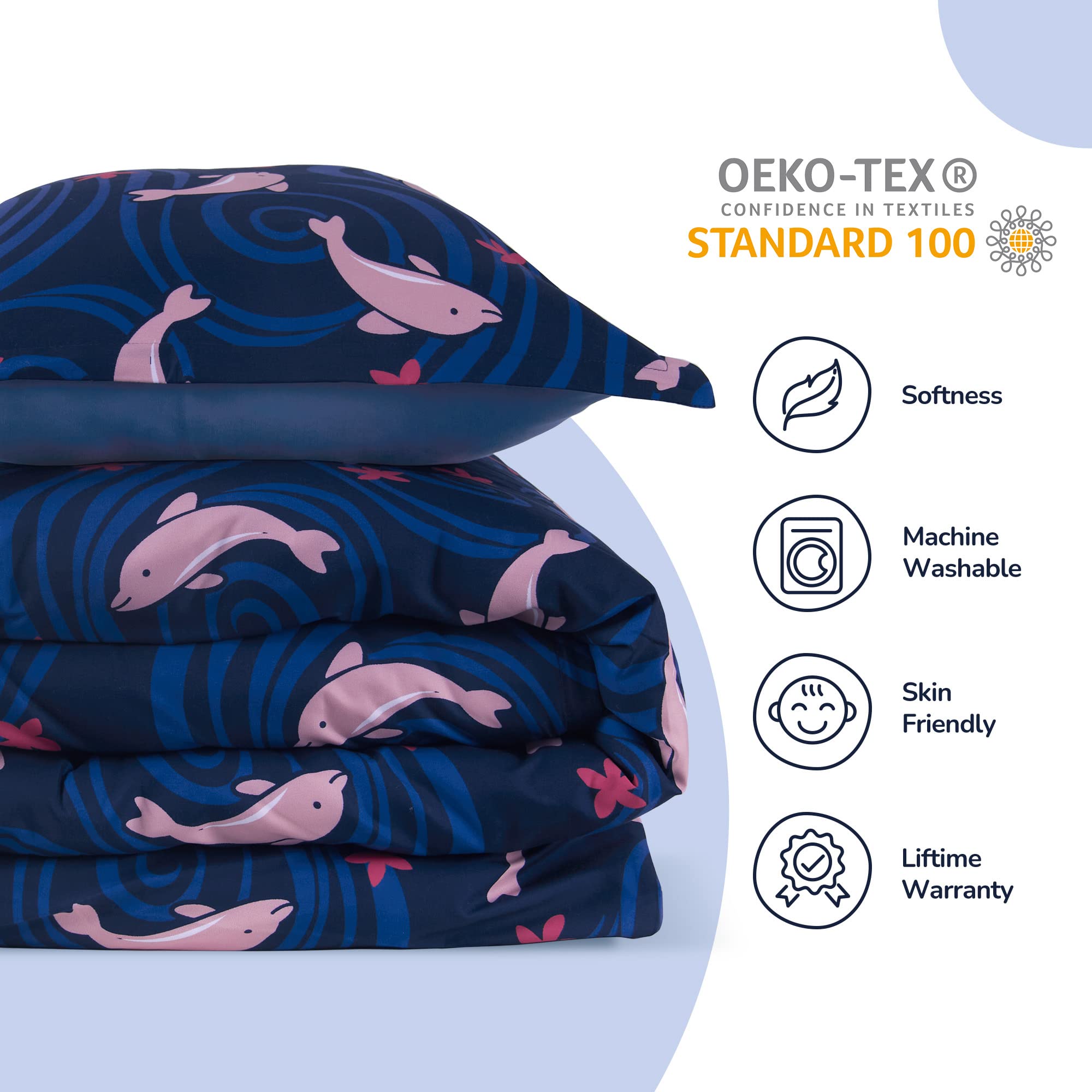 SLEEP ZONE Kids Duvet Cover Set Queen Size 3 Pieces - Super Soft & Cute Comforter Cover with 2 Pillow Shams, Easy Care Zipper Closure (Navy Dolphin, Queen)