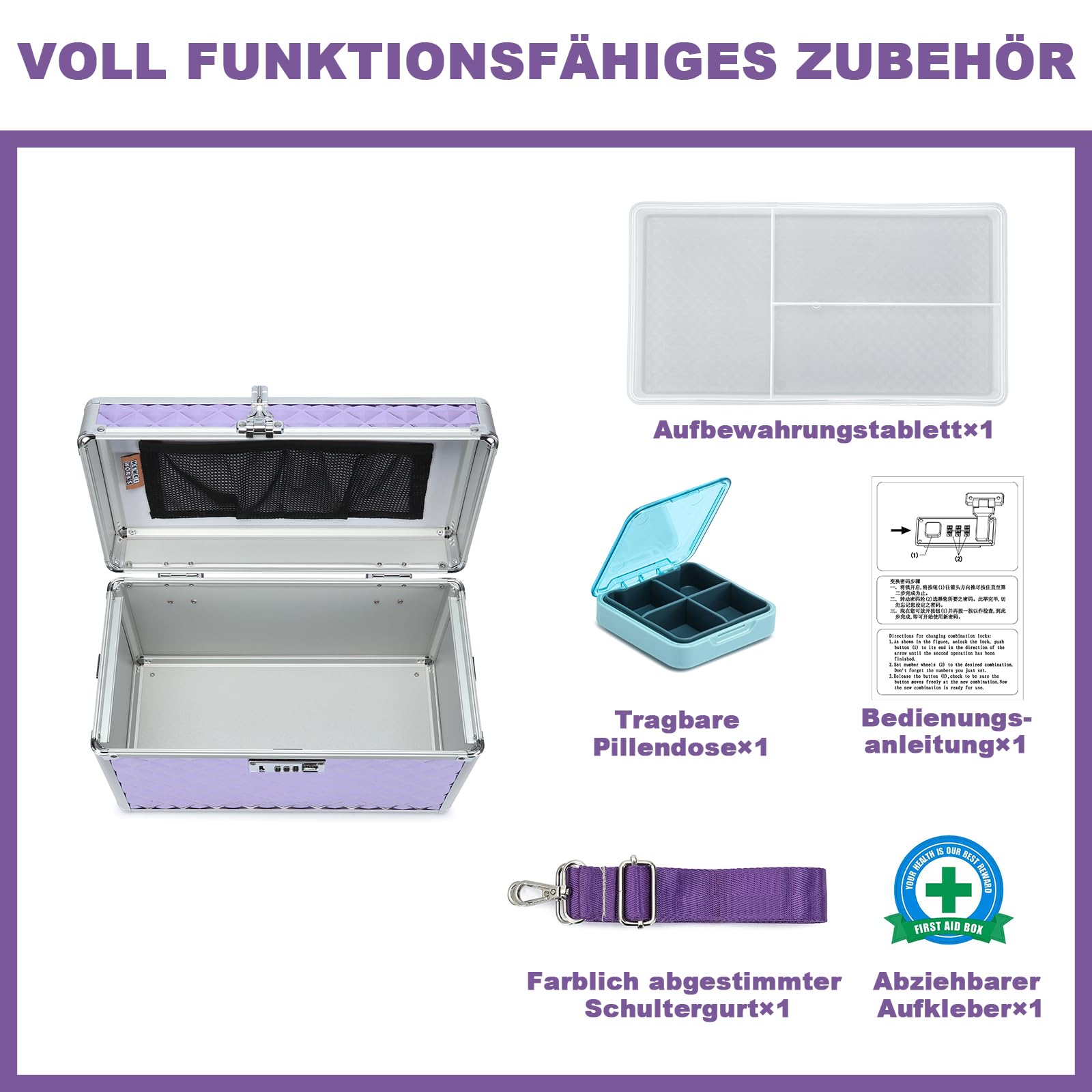 Aufbewahrungsbox mit Zahlenschloss, abschließbare Medikamentenbox, leere Erste-Hilfe-Box, Sicherheitsbox, vielseitige abschließbare Box für Zuhause und im Freien (Purple, Large)