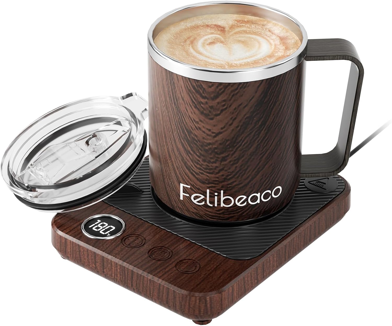 Coffee Mug Warmer & Mug Set for Desk, Electric 36W Coffee Cup Warmer with Auto Shut Off/Timer. Smart Cup Mug Heater with 16oz Cup for Heating Coffee in Home/Office, Coffee, Wood Wood Grain