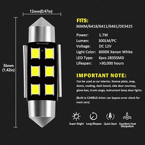 Miniatura 3 de DE3175 DE3021 6418 6411 211-2 212-2 578 569 Canbus Bombillas LED de luz interior sin errores 6000K Xenon Blanco, Super brillante 6SMD chips para