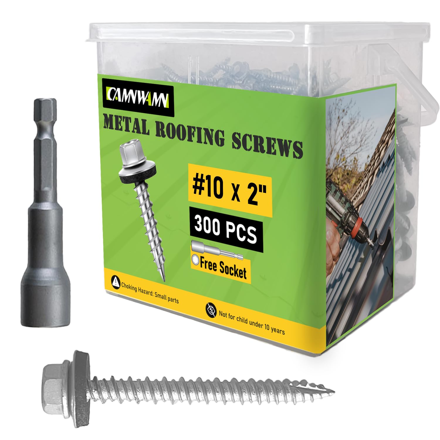 #10 x 2 Inch, 300 Pcs Hex Head Metal Roofing Screws, Zinc Plated Sharp Point Sheet Metal Roof Screw with Rubber Washer, Self Tapping Metal to Wood Siding Screws, Hex Socket Included