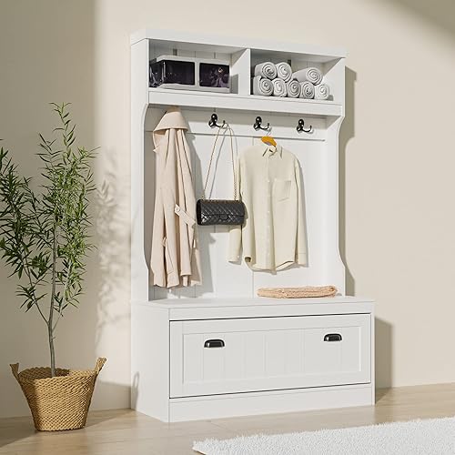 Miniatura 3 de Cozy Castle Árbol de pasillo blanco 3 en 1 de 64 pulgadas con banco, almacenamiento de zapatos, perchero, 4 ganchos, para entrada, vestíbulo