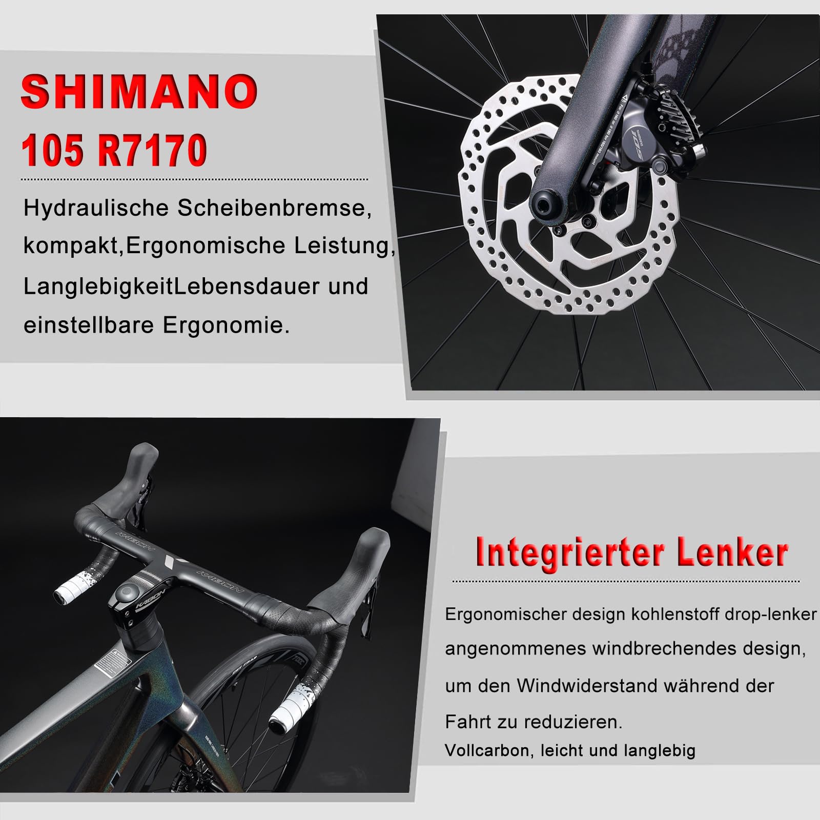 KABON Carbon-Rennrad, leichtes Vollcarbon-Rennrad mit Shimano 105 R7120 24-Gang-Gruppensatz und hydraulischer Scheibenbremse Rennrad für Erwachsene