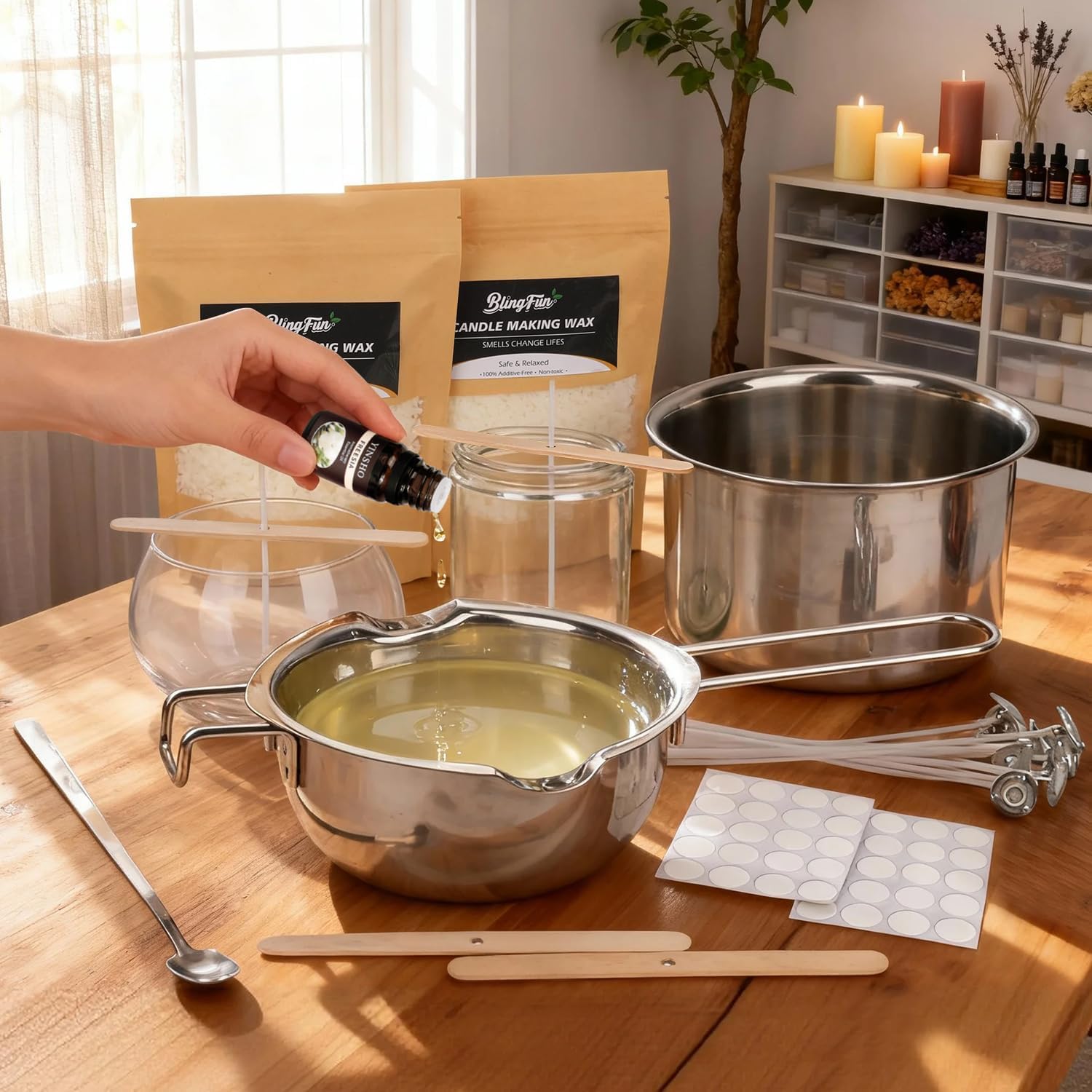 Set di 3 pentole per sciogliere la cera, in acciaio inox con cucchiai, vaschetta per bagnomaria e vasetto per versare candele, fondere, conservare e confezionare cera d'api di soia, conservare e