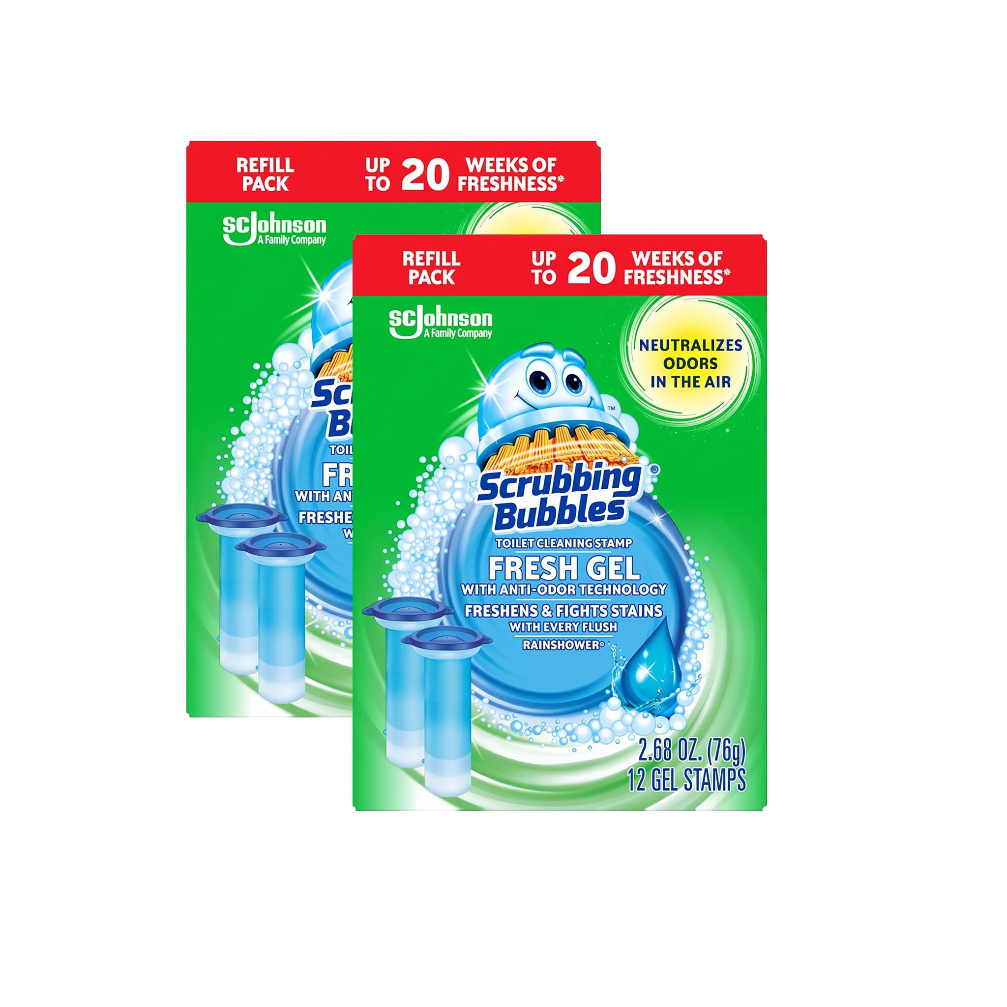Scrubbing Bubbles Fresh Gel Toilet Bowl Cleaning Stamps Refills, Helps Keep Toilet Clean and Helps Prevent Limescale &amp; Rings, Rainshower Scent, 12 Count (Pack of 6)