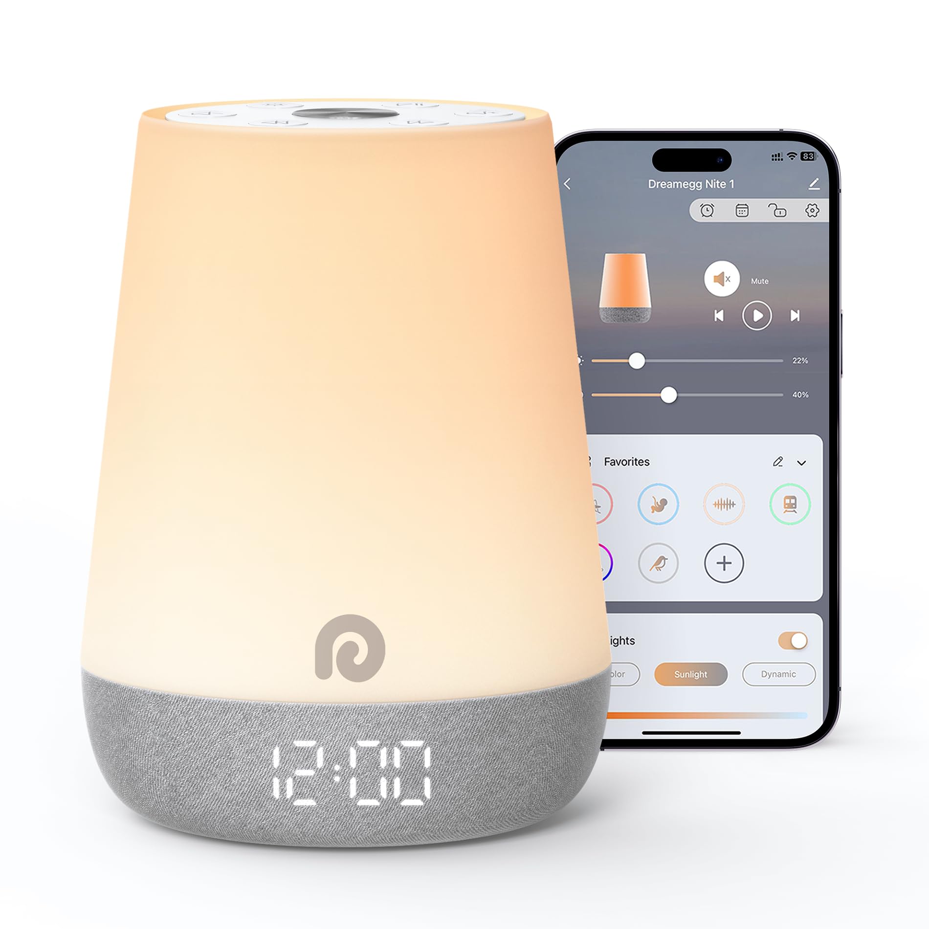 Dreamegg Nite 1 Maquina Ruido Blanco Bebe Reloj Formador de Hábitos de Sueño, App Control Sonido Blanco Bebe con 34 Sonidos Calmantes, Despertador Luz Natural, Reloj para Niños Musica Relajante