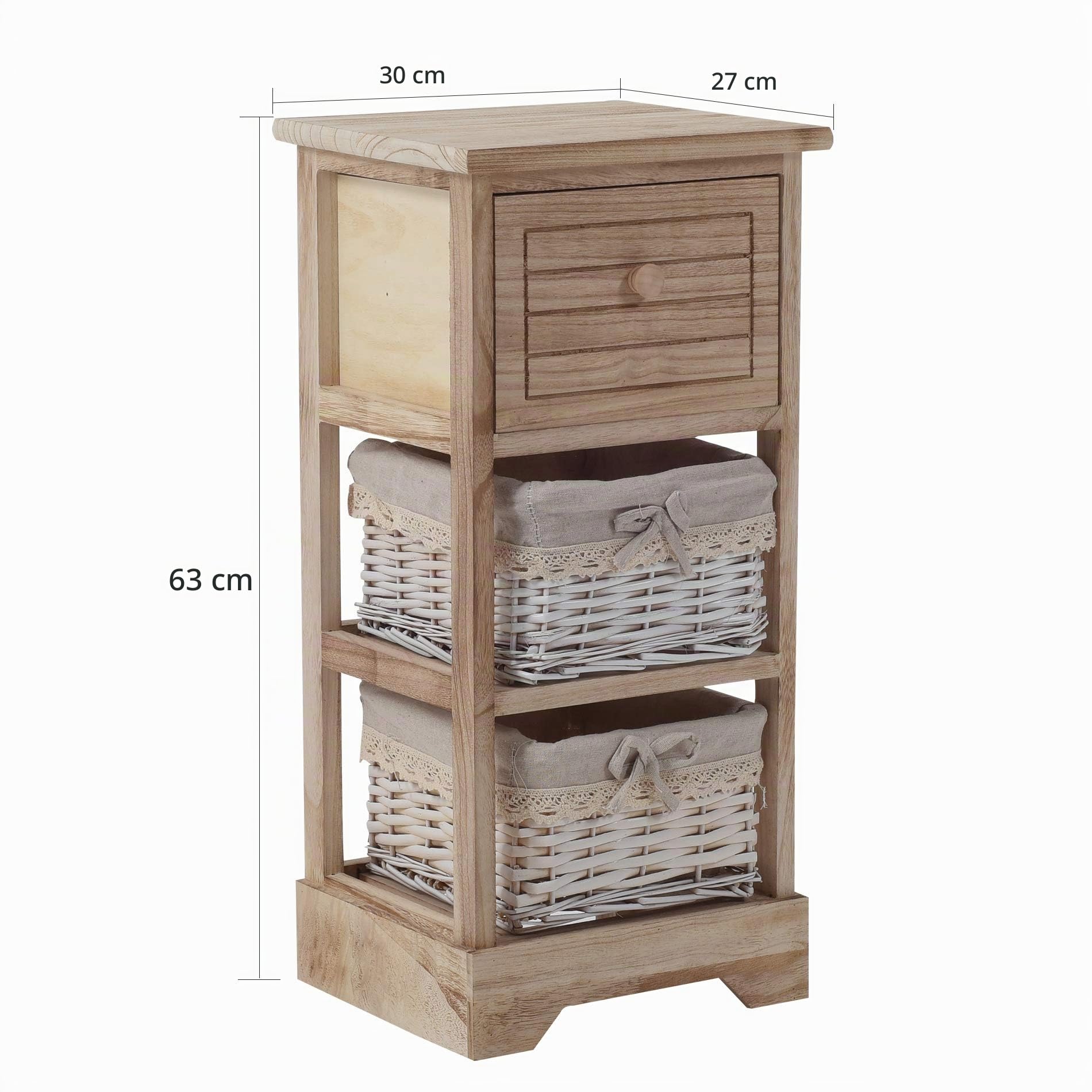 Rebecca Mobili Comodino legno e vimini, mobiletto bagno 3 cassetti, stile shabby, bagno soggiorno, idee arredo casa - Misure: 63 x 30 x 27 (HxLxP) - Art. RE6105