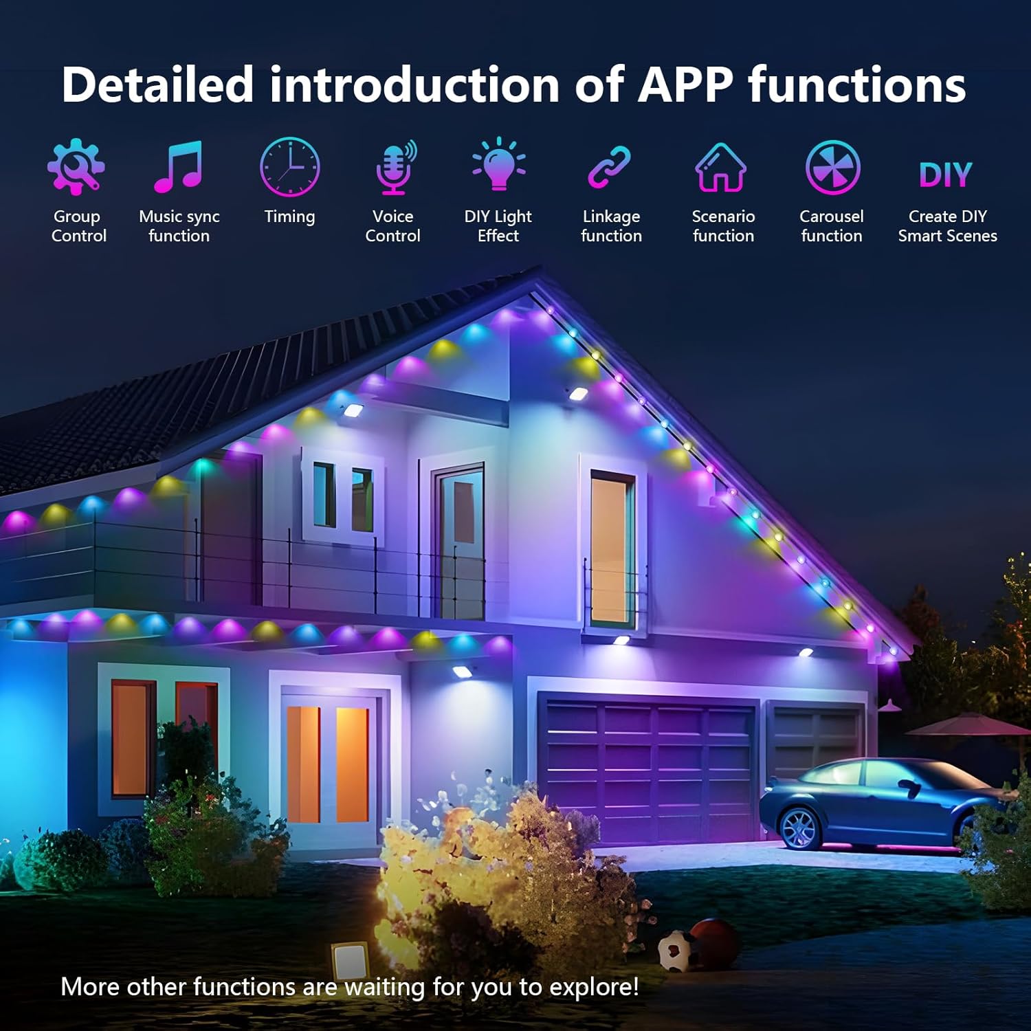 WEBUPAR Permanent Outdoor Lights, 100ft ICRGB Smart LED Strip with 70 Scene Modes, DIY Modes, Christmas & Eaves Lights, Waterproof for Patio & House, Compatible with Alexa & WiFi APP Voice Control