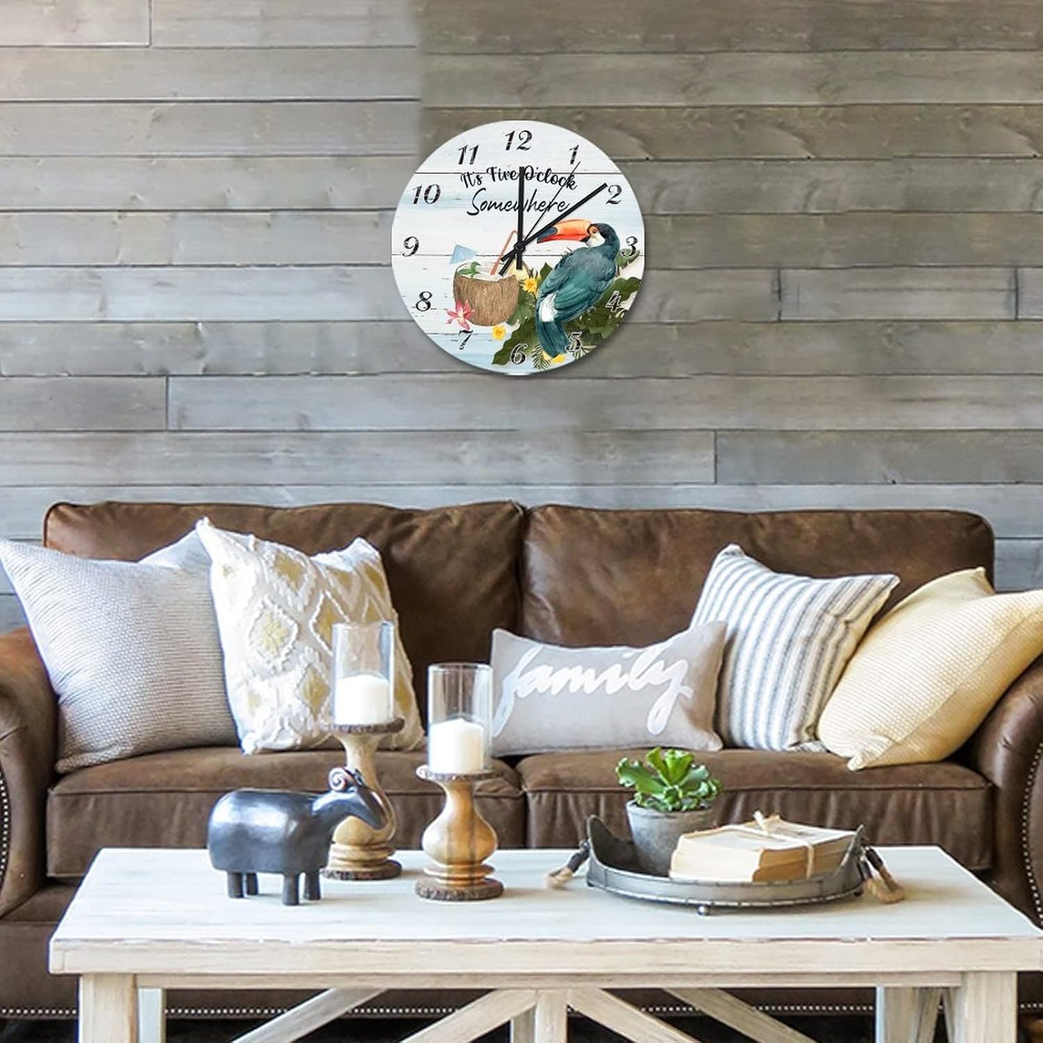 It's 5 O'Clock Somewhere Parrot Wall Clock 12 Inch Tiki Decor for Outside Patio Wooden Hanging Clock Battery Operated Round Clock for Home Office