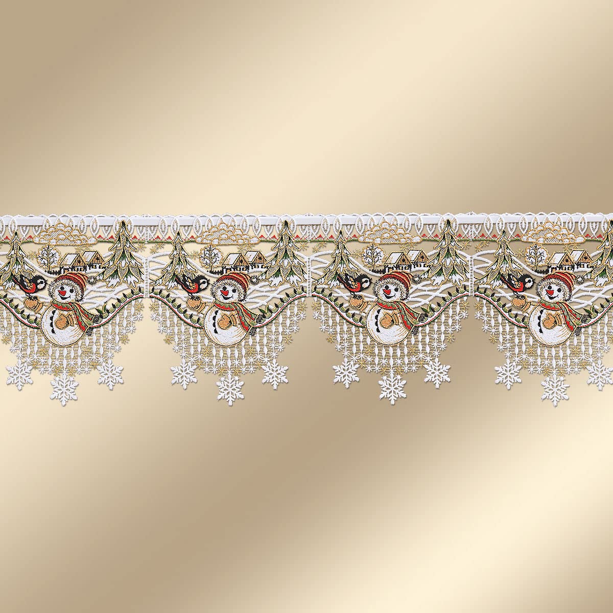 Weihnachts-Feenhausgardine Winterfreunde | Spitzenstickerei Kleiner Schneemann mit Vögelchen | Scheibenhänger mit Winterhäuschen, Tannenbäumen, gestickten Schneeflocken aus Plauener Spitze 22 cm hoch