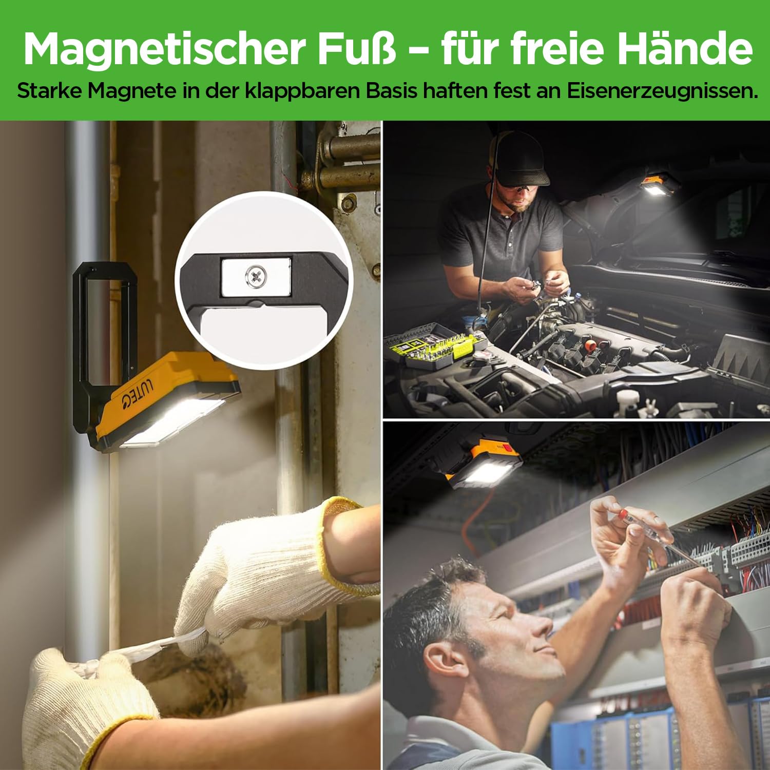 LUTEC Luce da lavoro ricaricabile, luce magnetica a LED da 1000 lumen, con base magnetica e gancio di sospensione, rotazione a 360° e rotazione di 200°, per riparazione auto, emergenza e campeggio (2)