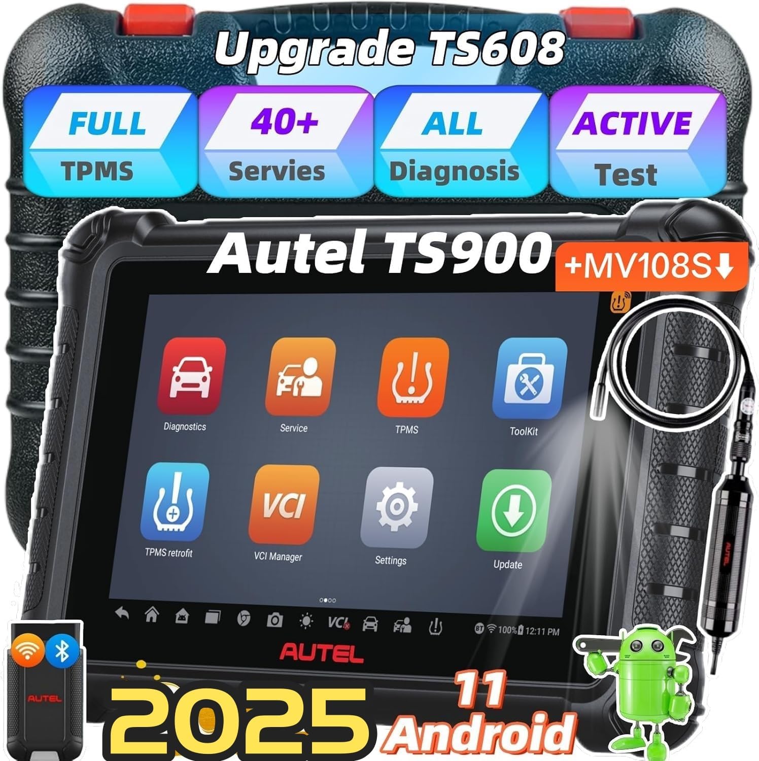 AutelMaxiTPMS TS608 with Screen Protector Comprehensive TPMS Function Plus All System Diagnosis TPMS Relearn/Reset/Diagnosis Tire Sensor Advanced TS508 MK808BT (TS608)