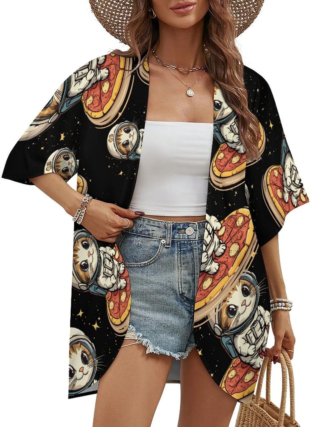 Funny Cat Flying A Pizza Astronaut Women's Open Front Cardigan Short Sleeves Jacket Lightweight Sweaters Tops