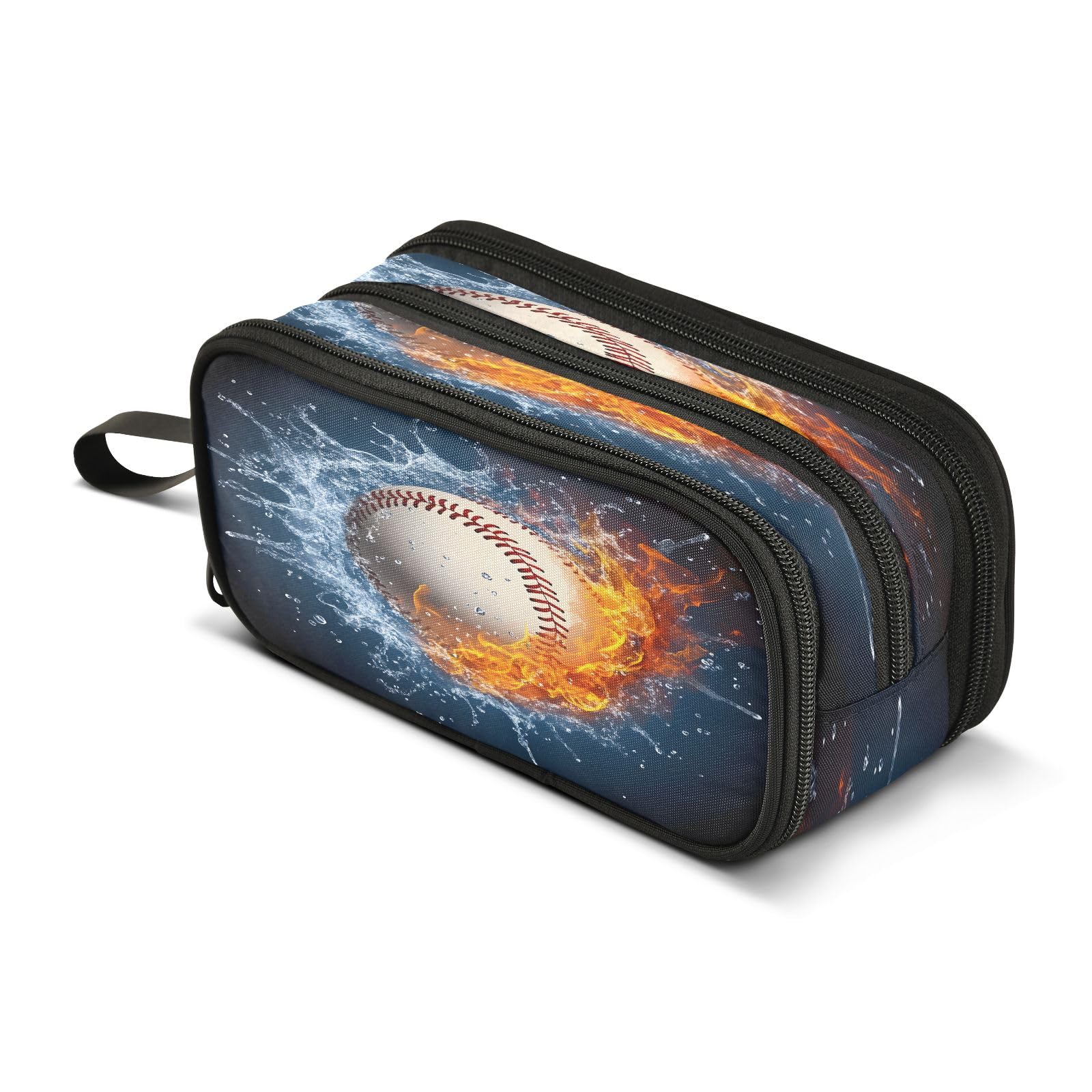 Baseball Water Fire Pencil Case 3 Compartment Pen Bag Pouch Holder Box School Portable Stationery Storage Bag for Girls Boys