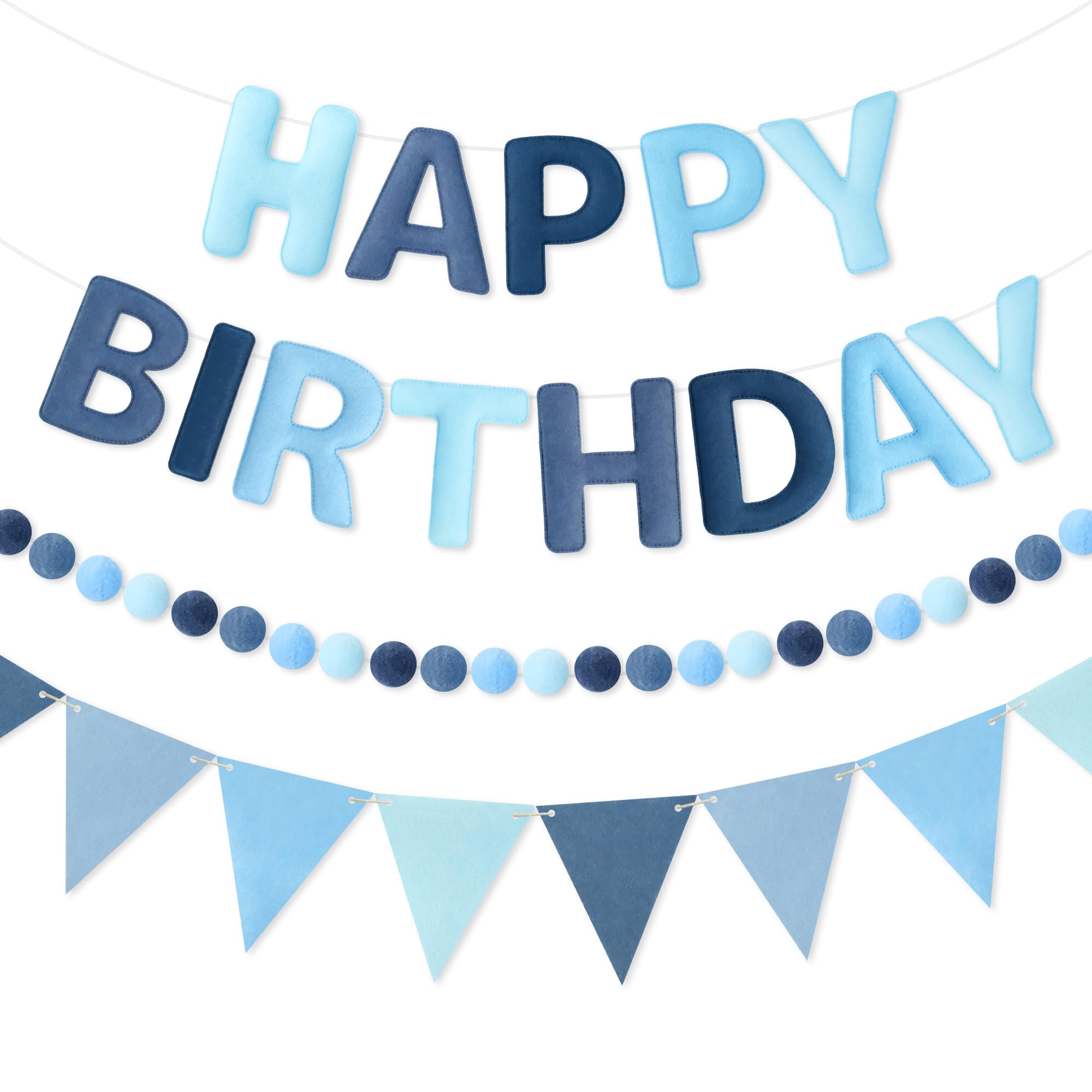 Felt Happy Birthday Banner Decorations Blue Pre-Strung Garland Set