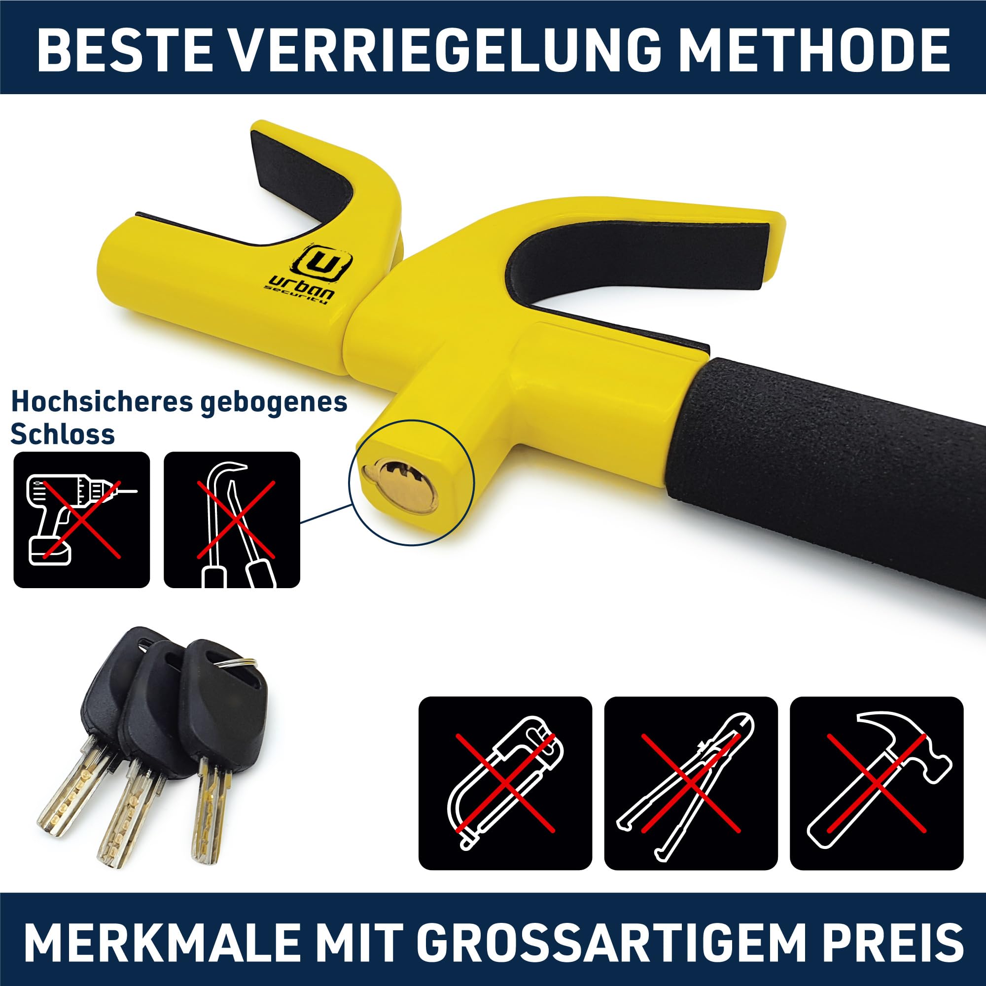 URBAN UR959Y Lenkradkralle Hochsicherheits Lenkradschloss Abschreckend Gelb, Lenkradsperre Automatik-Verriegelung, Diebstahlsicherung Universal für Auto Wohnmobil PKW