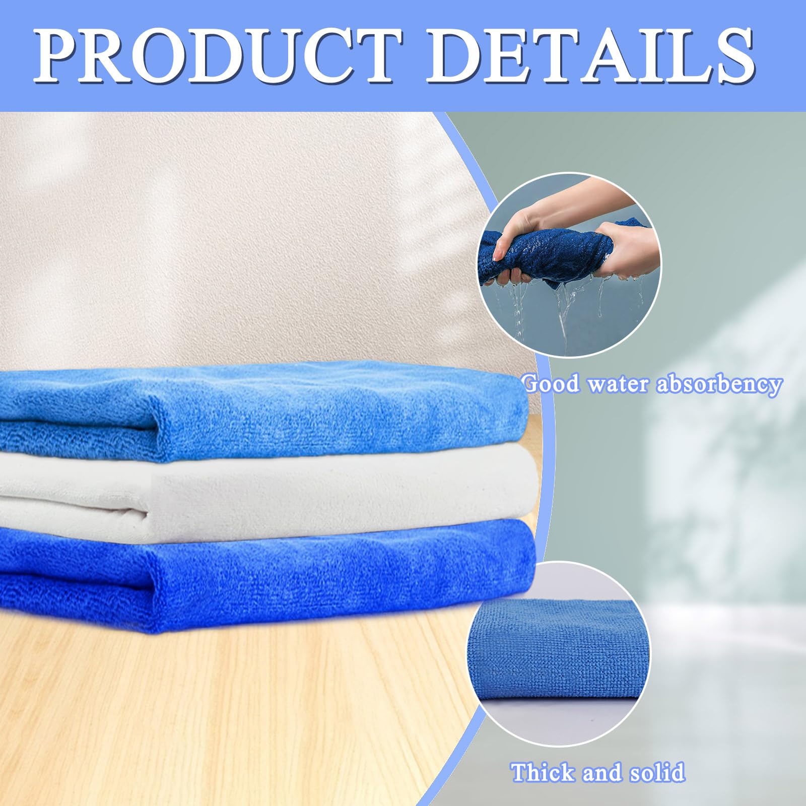 Paño de limpieza de microfibra extra grande de 20 x 30 pulgadas, 6 trapos lavables y reutilizables, toallas de microfibra para limpieza de fregona, oficina, baños, limpieza de casa (azul, blanco)
