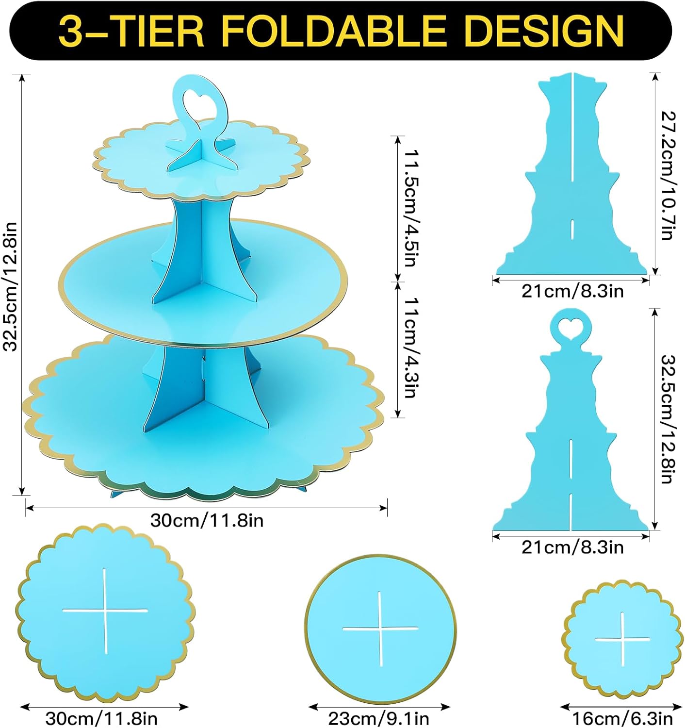 Soleebee 3-Tier Cupcake Stand, Cardboard Cupcake Tower, Cup Cake Stand Tower for Birthday Wedding Party Decoration, Cupcake Tier Stand Desserts Display 2 Set (Blue Gold) image 2