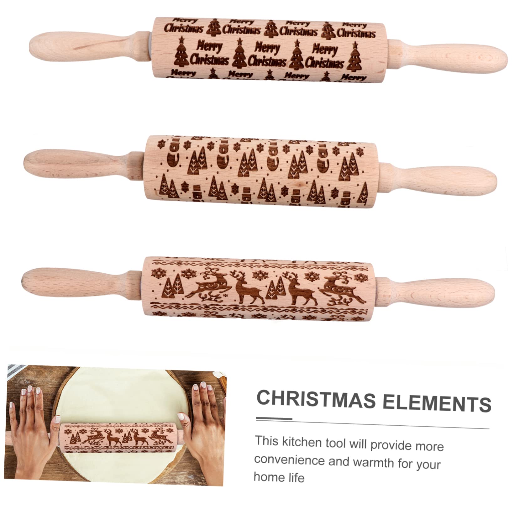 3 Rodillos De Madera Para Amasar y Hornear Rodillos Navideños Duraderos y Fáciles De Limpiar