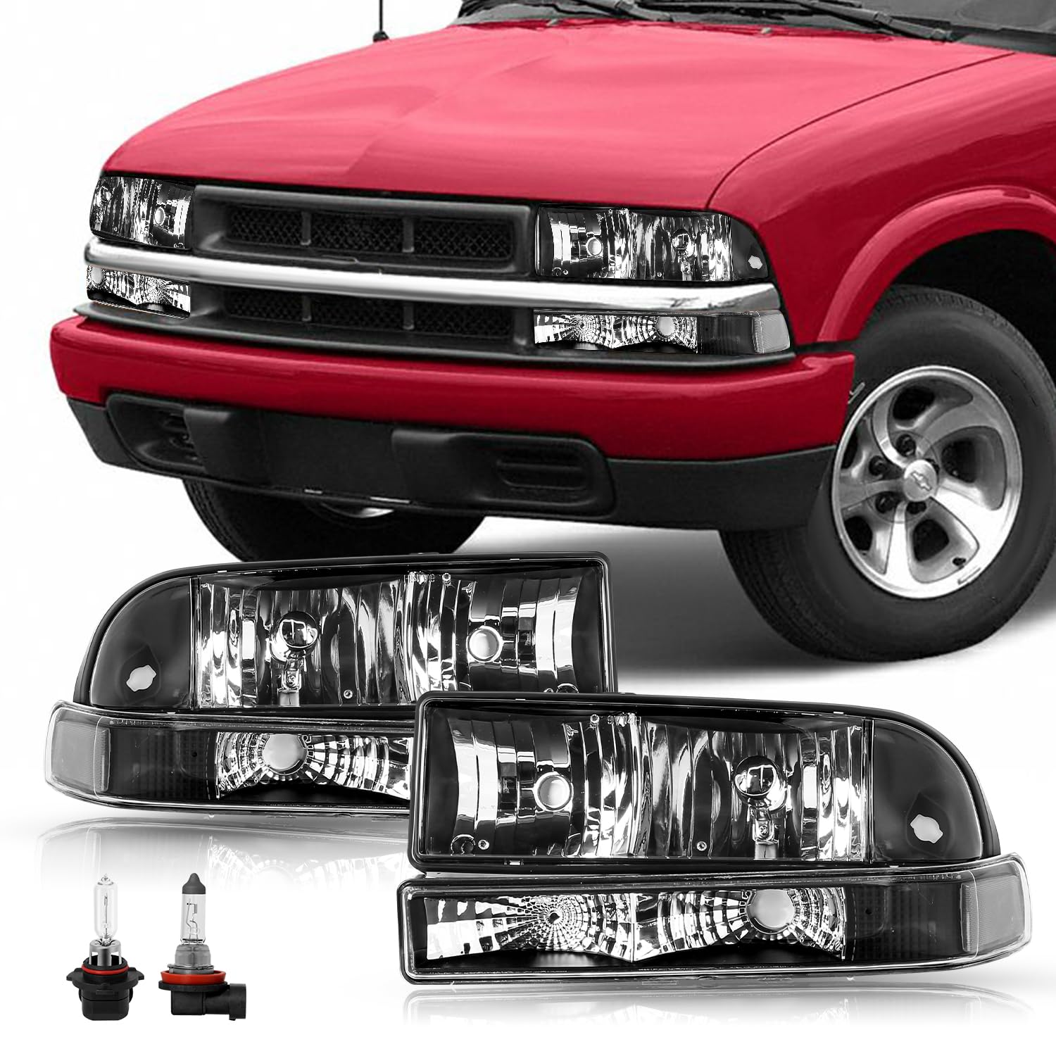 TUSDAR Fits For 1998-2005 Chevy Blazer / 1998-2004 Chevy S10 Pickup 4PCS Halogen Headlight Assembly Replacement with Bumper Parking Lamps Factory