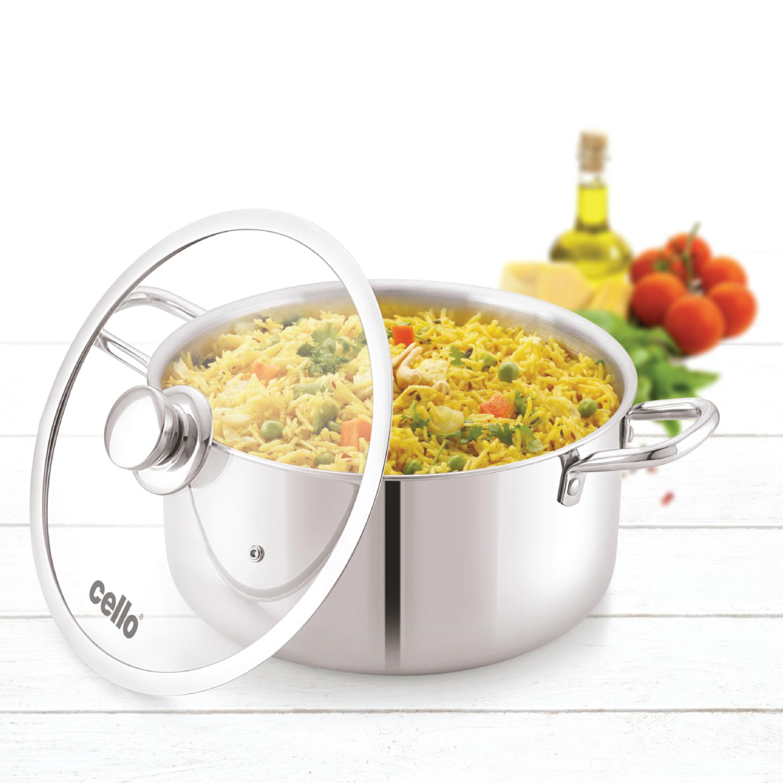 Cello Tri-Ply 22 cm Stainless Steel Cookware Casserole, 4 LTR | Tri-Ply Bottom Casserole with Glass Lid | Induction and Gas Stove Friendly | for Biryani/Pulao/Halwa/Curries | Silver