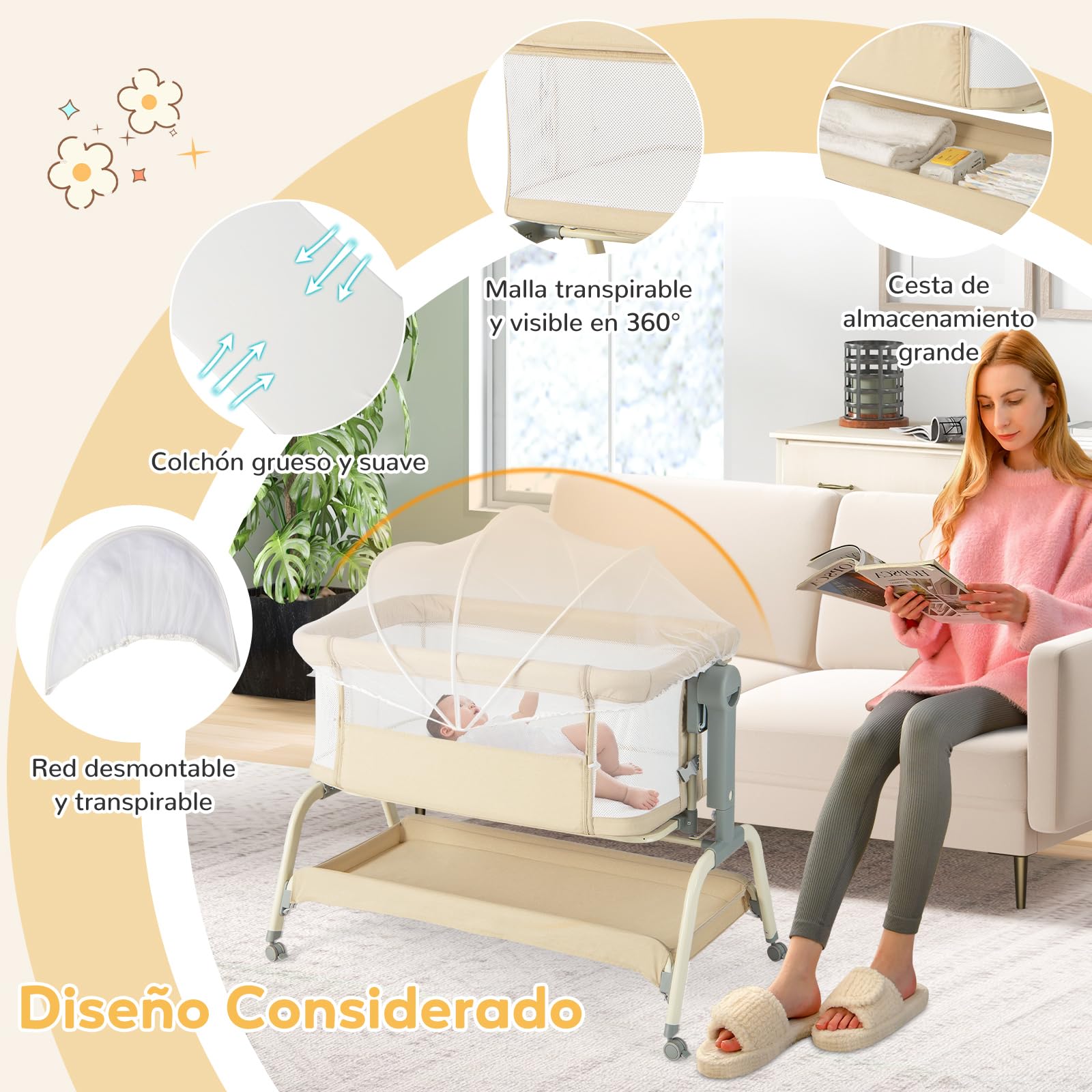 GOPLUS Cuna de Viaje para Bebé, Portátil con 6 Alturas Ajustables, Ruedas, Colchón y Mosquitera, Cama Colecho con Cesta de Almacenaje y Bolsa de Transporte, para Bebés 0-6 Meses (Beige)