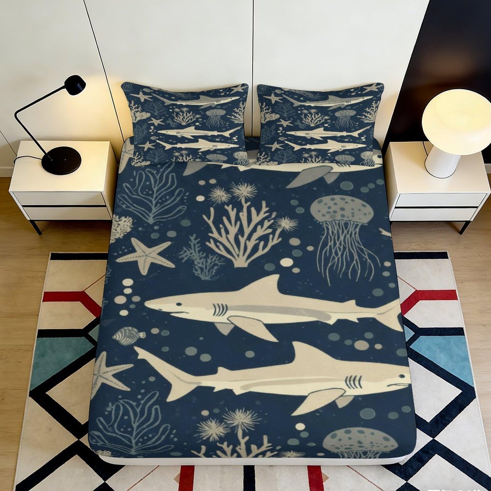 3D Printed Ocean Shark Fitted Sheet Microfiber Soft Blue Sea Life Mattress Cover for Bedroom Guest Room Decor 90x200x25cm