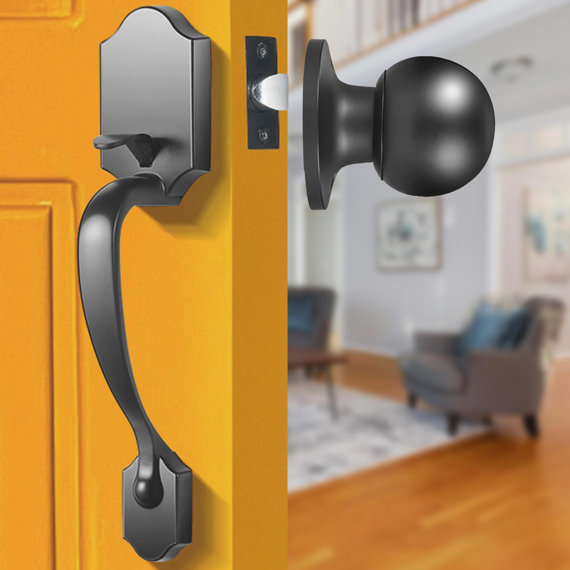 Elemake Front Door Handle - Exterior/Interior Front Entry Handleset with Door Knob, Passage Keyless Entry Door Lock, Reversible for Left & Right Handed Door | Matte Black