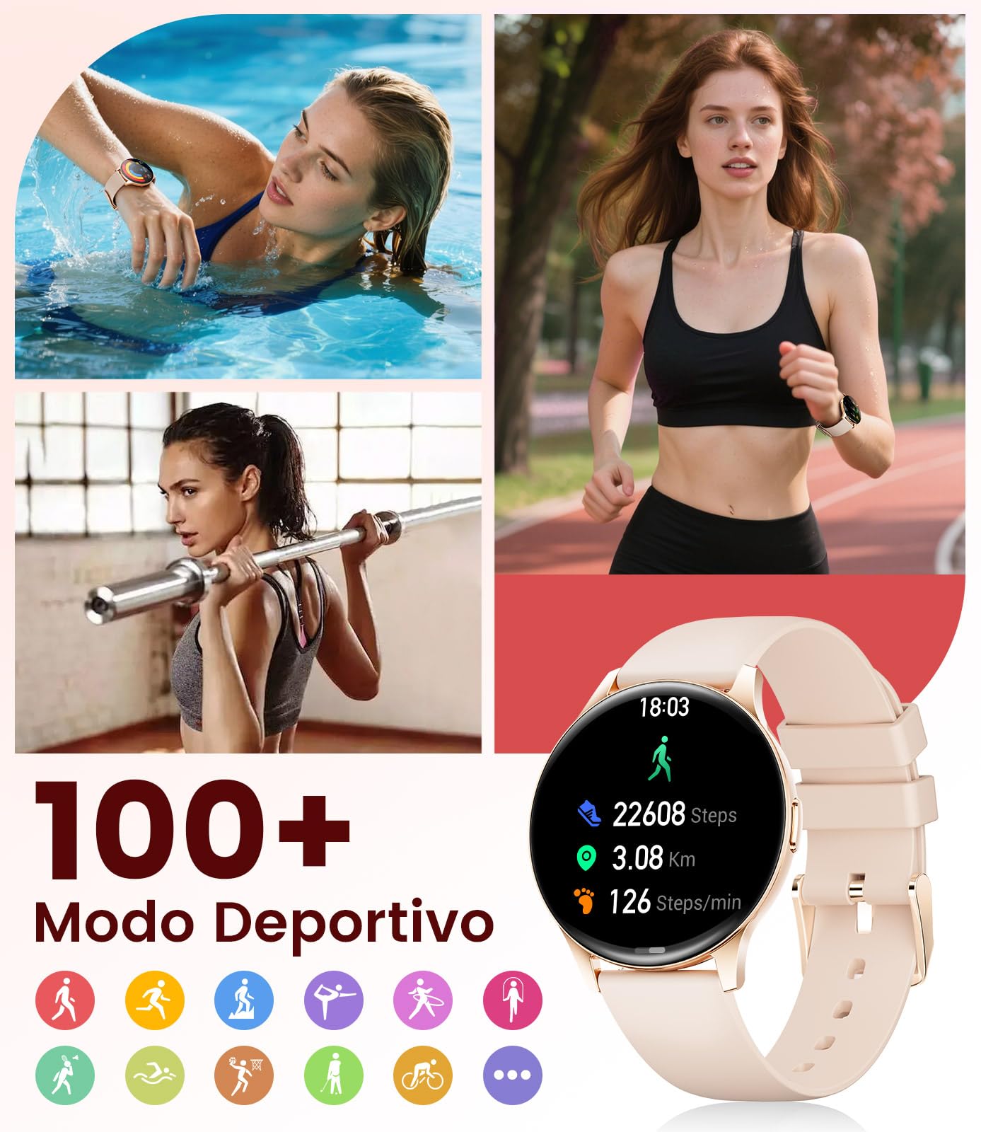 FITFLEX Reloj Inteligente Mujer, Pantalla 1.43" HD Smartwatch, Llamada Bluetooth, 120+Deportivos, Monitor 24/7 Ritmo/Sueño/Calorías, Tracker Fitness, IP68 Smart Watch, iOS Android, Oro Rosa