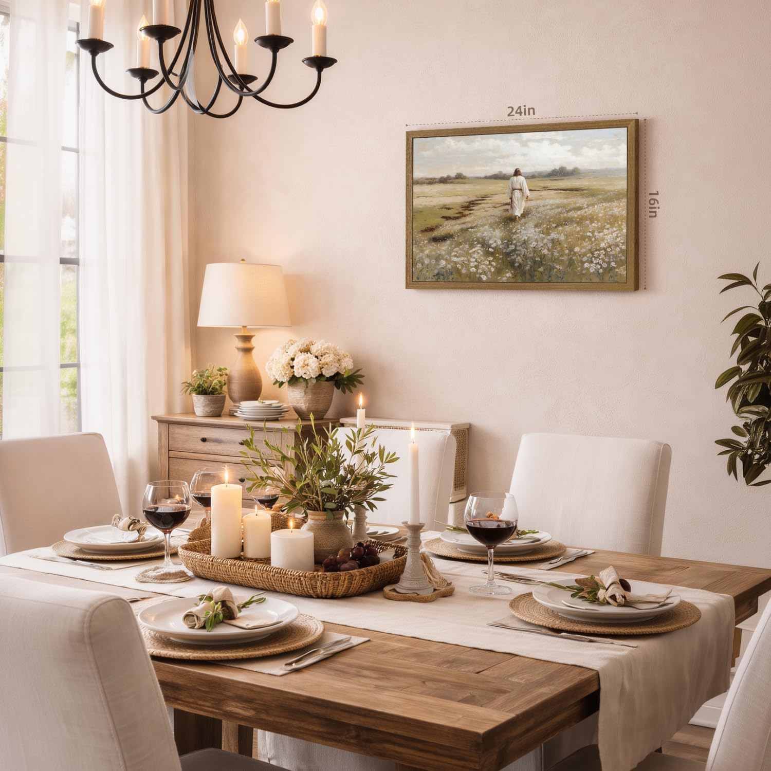 PORENY Jesus Christ Walking Meadow Wall Art, Inspirational Christian Faith Decor, Rustic Wildflower Field Canvas Print, Vintage Religious Artwork for Church Office Prayer Wood Framed 12x16 Inch