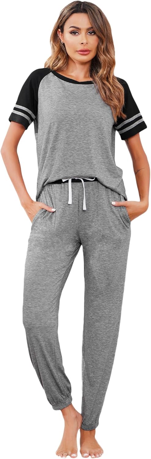 Ekouaer Lounge Sets for Women Two Piece Pajama Set Short Sleeve Crewneck Jogger Outfits and Sweatpants Tracksuit - Image 3